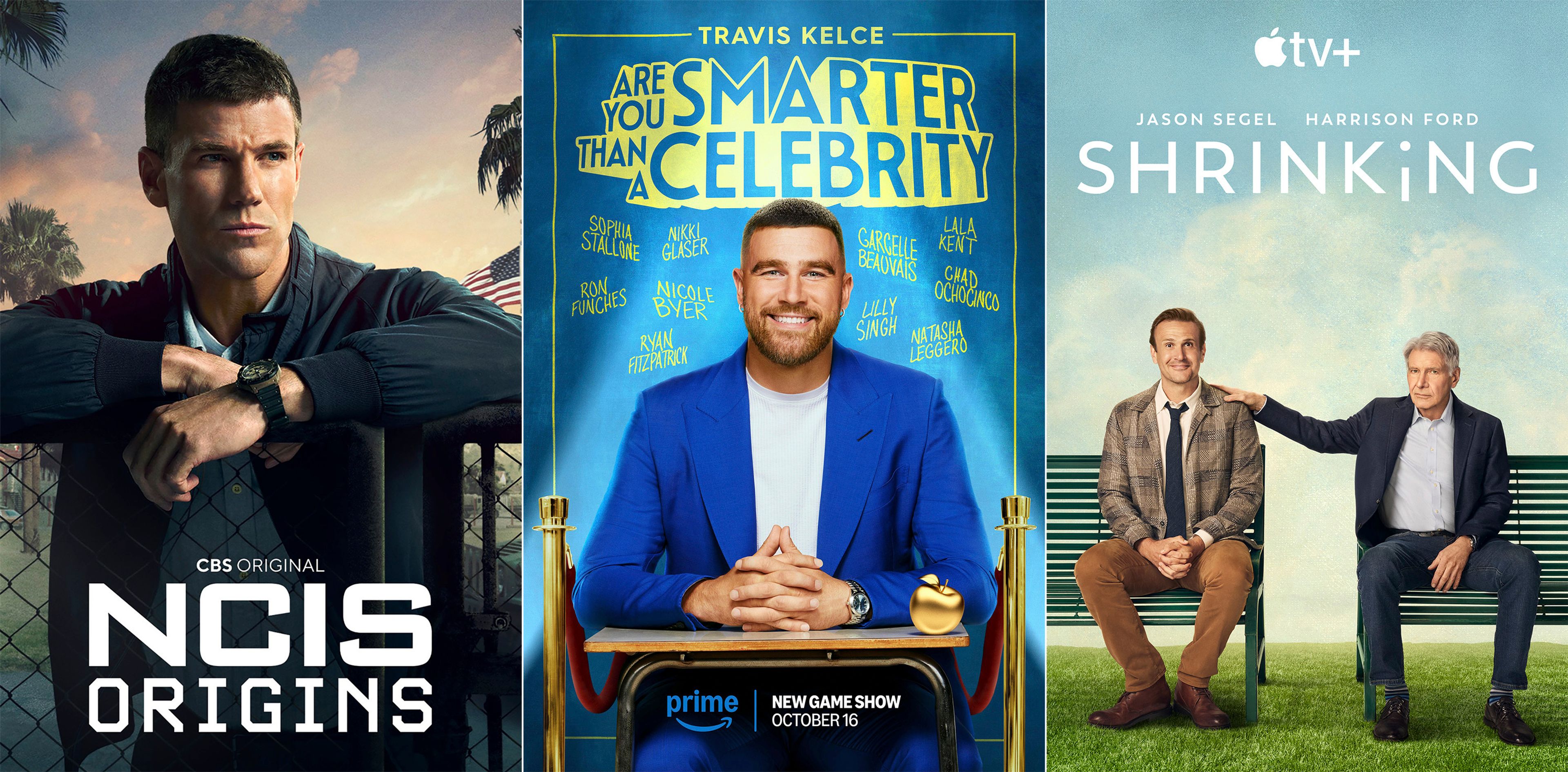 This combination of photos show promotional art for "NCIS: Origins," left, "Are You Smarter Than a Celebrity," center, and "Shrinking." 