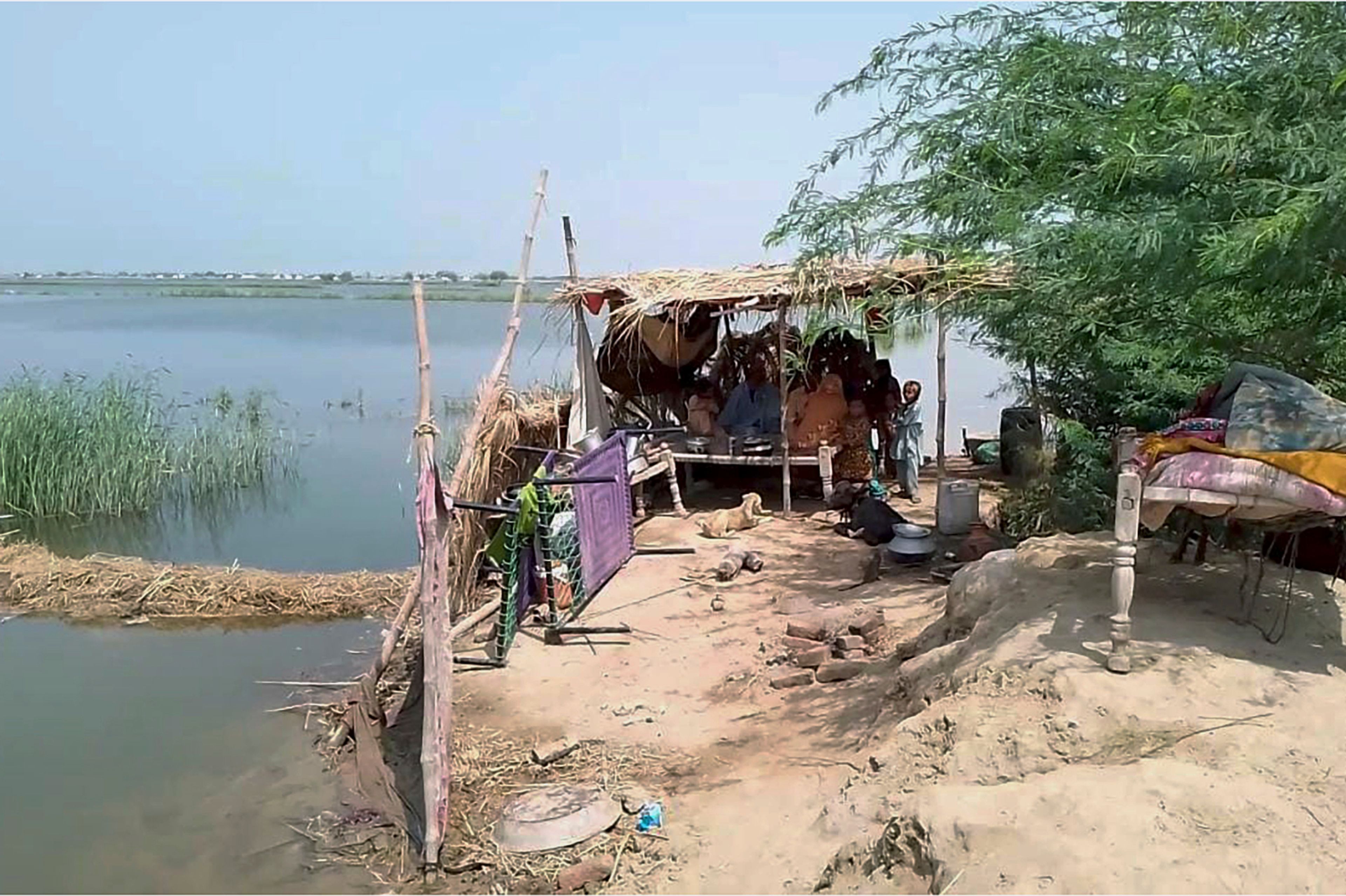 A family take refuge on high place after flooding their house and area caused by heavy monsoon rains near Sohbat Pur, an area of Pakistan's southwestern Baluchistan province, Monday, Aug. 19, 2024.