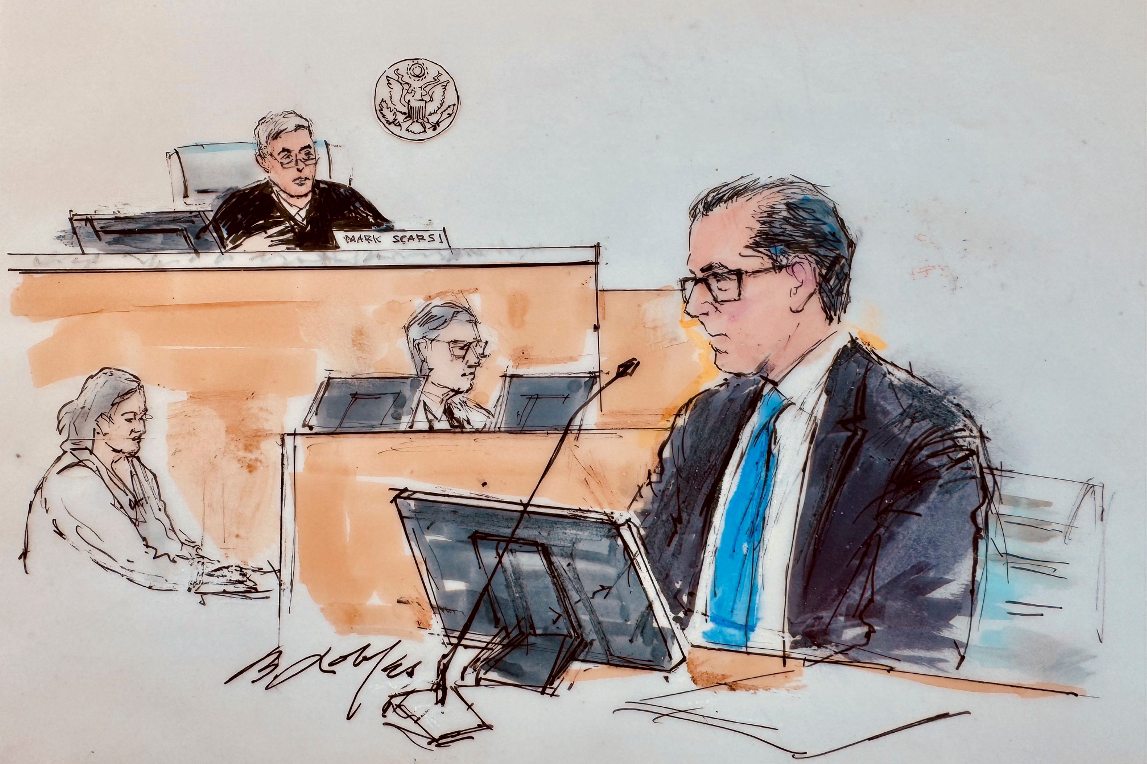 In this courtroom sketch, Hunter Biden, right, appears for a hearing in federal court, Thursday, Sept. 5, 2024, in Los Angeles, where he pled guilty to federal tax charges. (William T. Robles via AP)