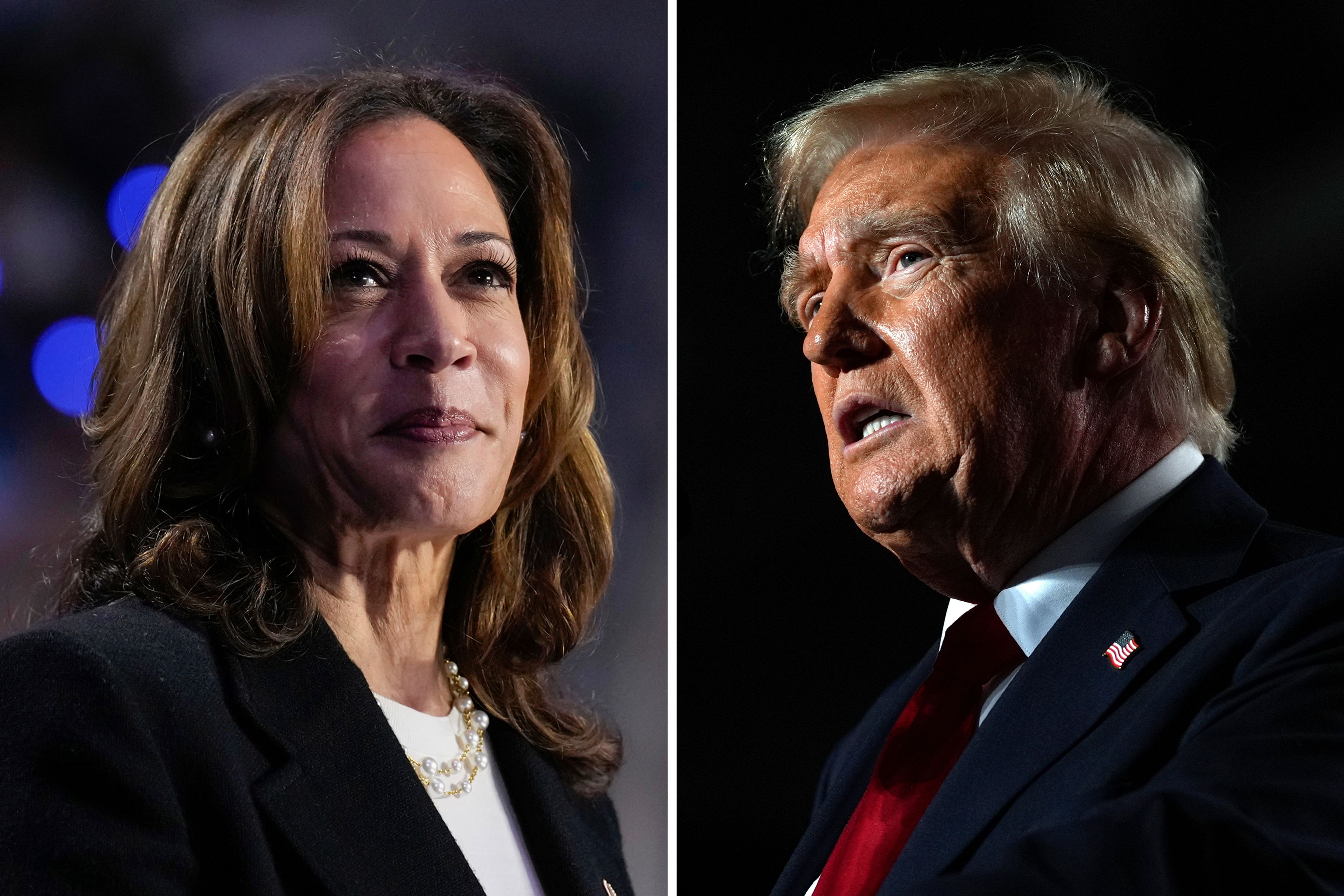 This combination of photos shows Democratic presidential nominee Vice President Kamala Harris, left, speaking during a rally in Charlotte, N.C., Sept. 12, 2024, and Republican presidential nominee former President Donald Trump, right, speaking during a rally in Warren, Mich., Nov. 1, 2024. (AP Photo)