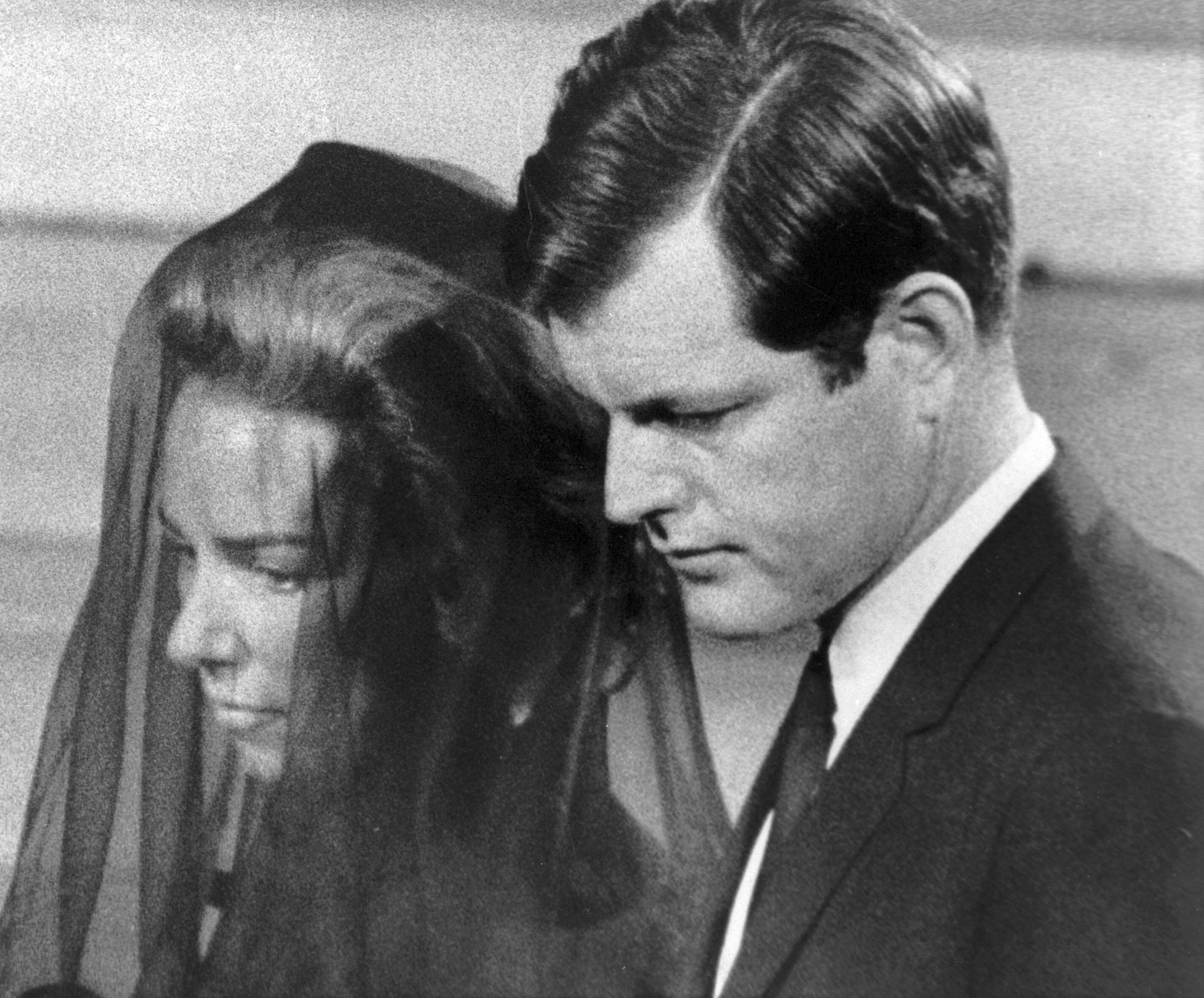 FILE - Mrs. Ethel Kennedy is escorted by her brother-in-law, Senator Edward Kennedy, to their pew in St. Patrick's Cathedral in New York for the funeral services of Sen. Robert F. Kennedy, June 8, 1968. (AP Photo/File)