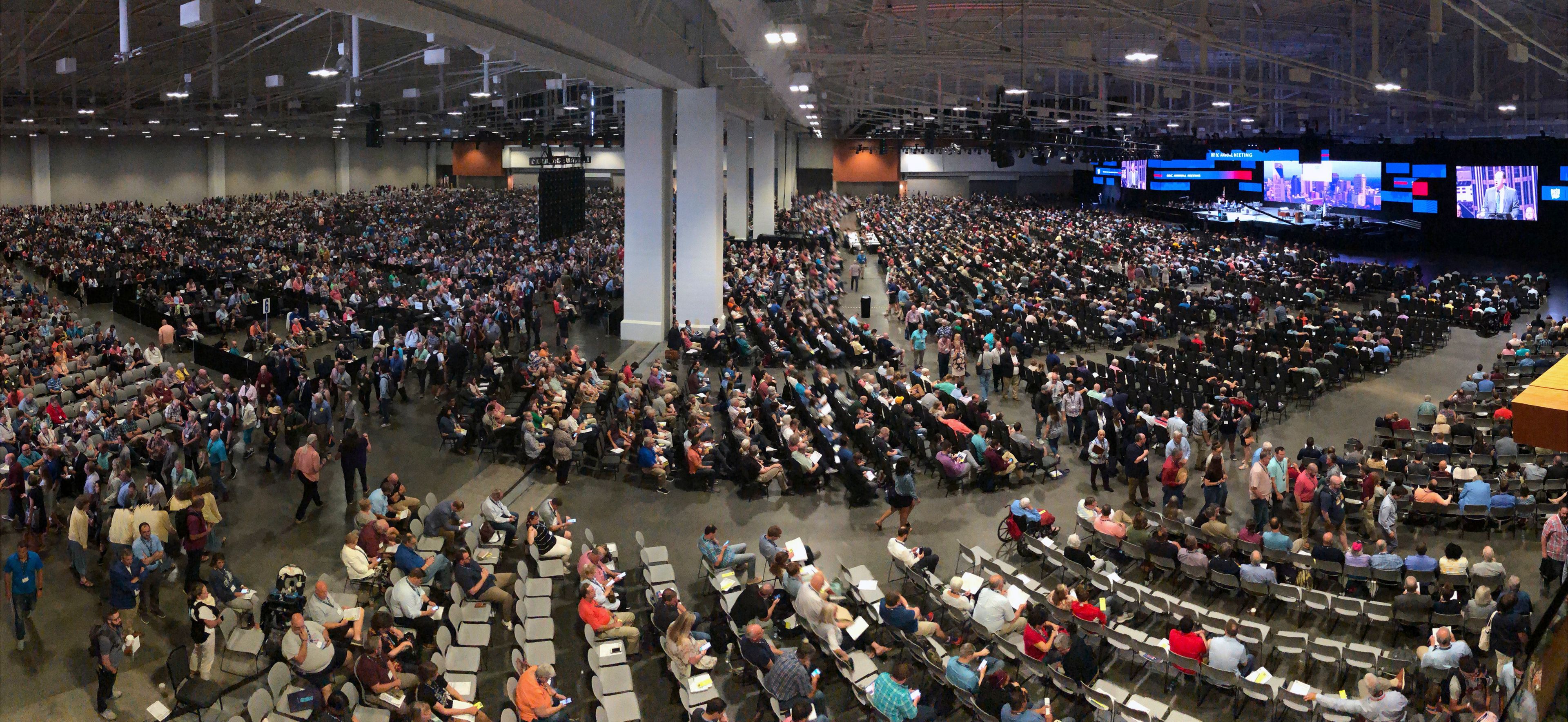 FILE - In this Wednesday, June 16, 2021, file photo, people attend the morning session of the Southern Baptist Convention annual meeting in Nashville, Tenn. Southern Baptists gathering at their next annual meeting June 11-12, 2024, in Indianapolis will vote on whether to enact a constitutional ban on churches with women pastors.