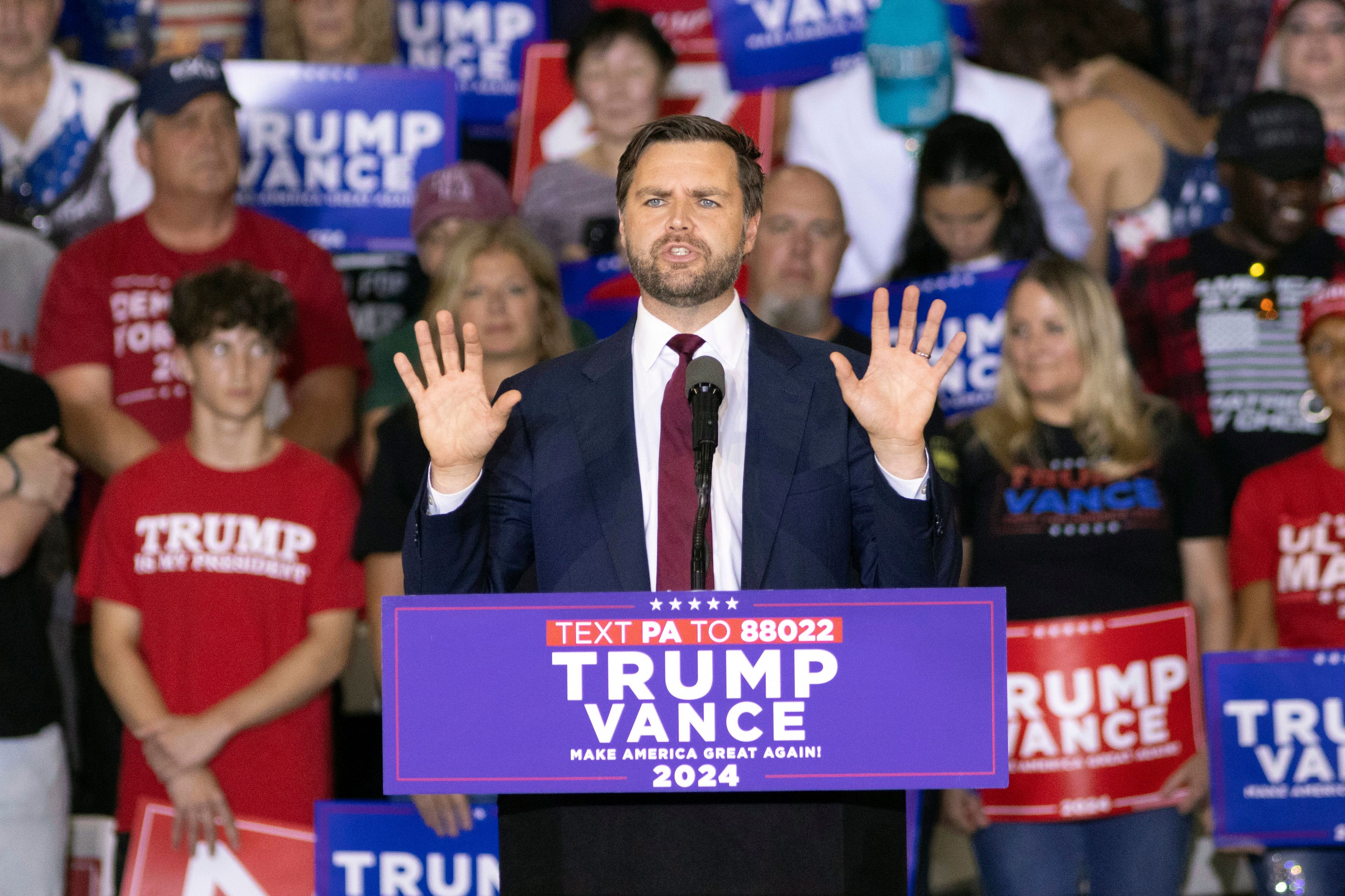 Republican vice presidential nominee Sen. JD Vance, R-Ohio, speaks during a campaign rally Saturday, Sept. 28, 2024, in Newtown, Pa. (AP Photo/Laurence Kesterson)