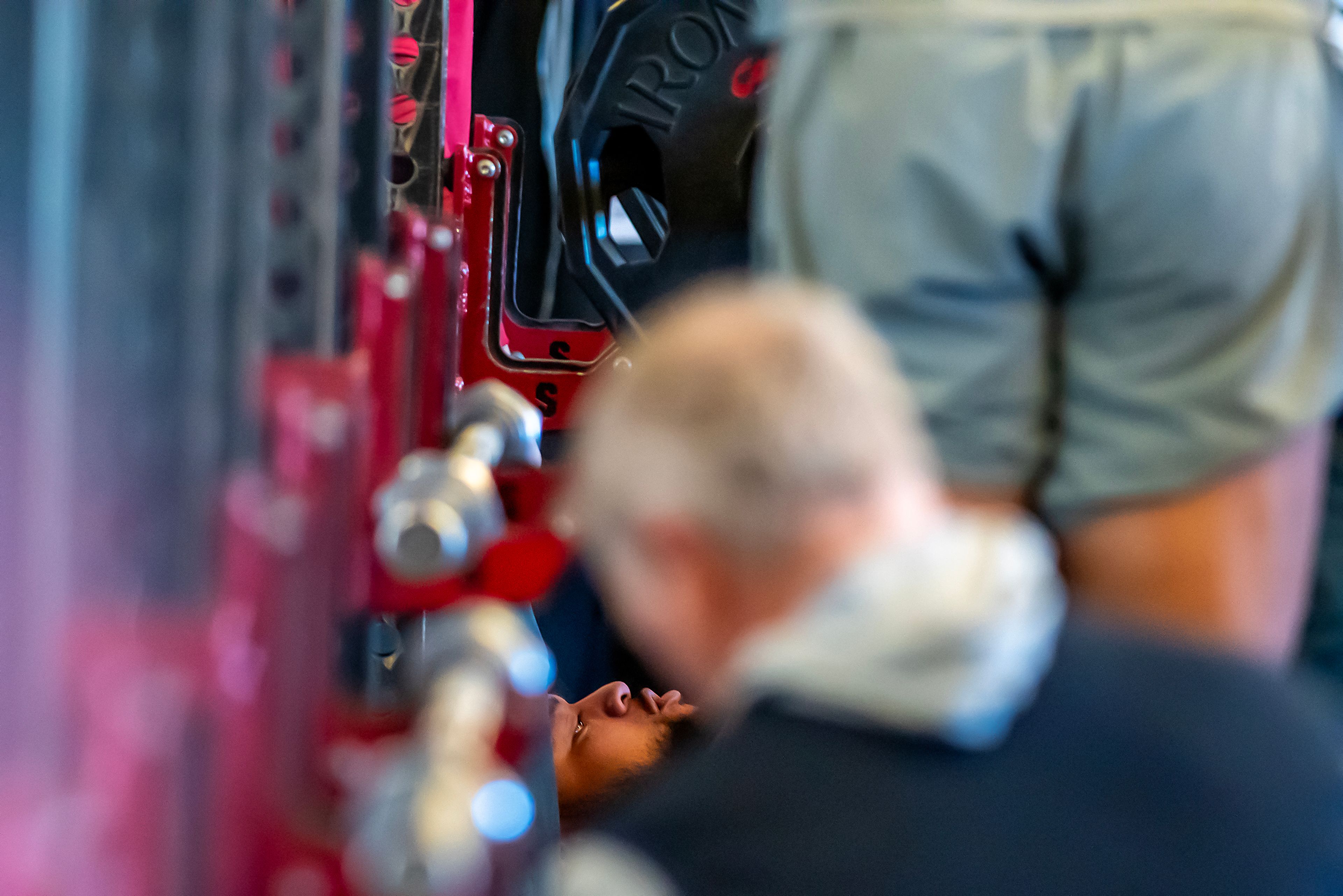 Washington State offensive lineman Esa Pole does the bench press test during Washington State University’s Pro Day Friday Pullman.