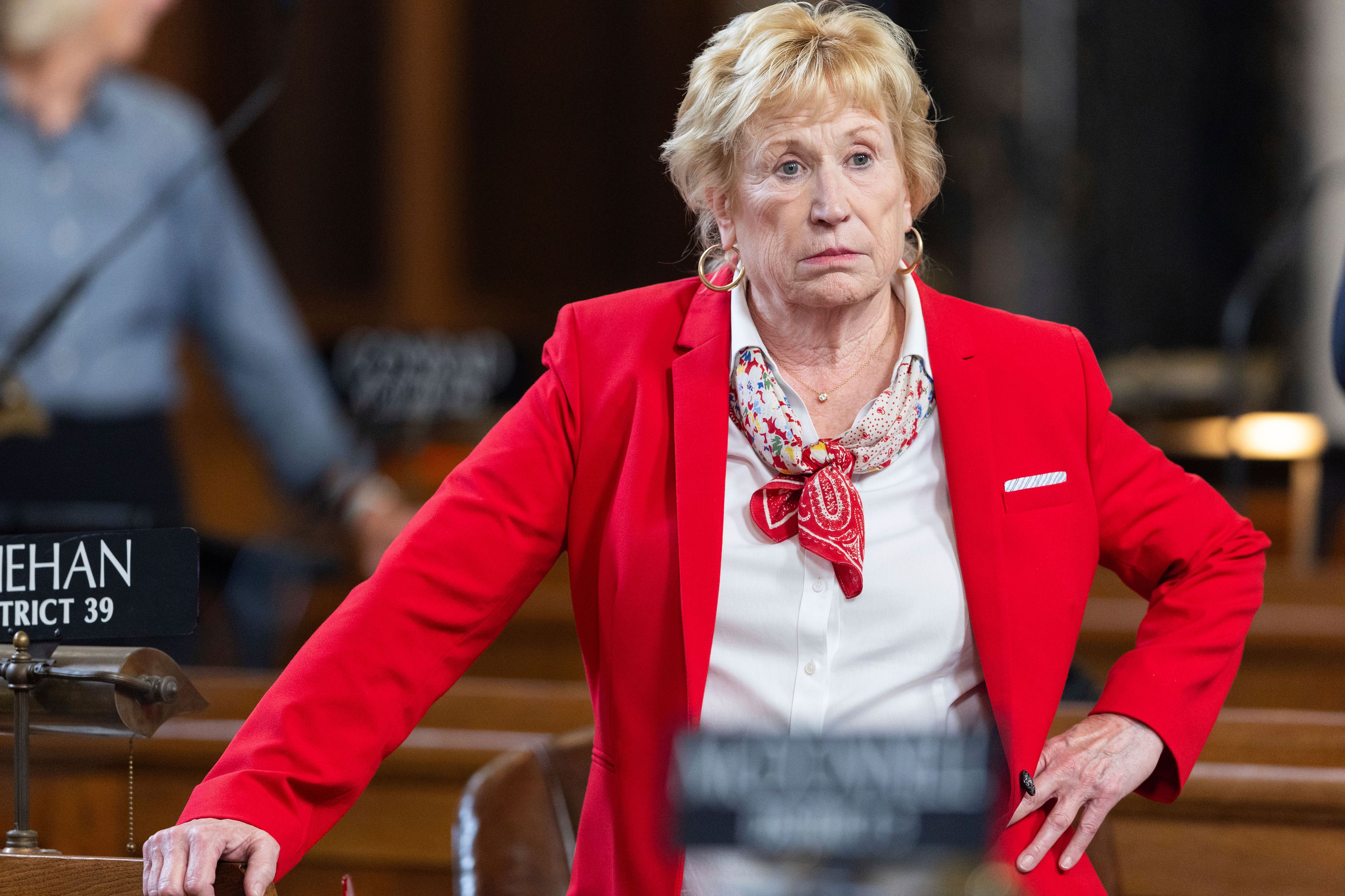 FILE - State Sen. Lou Ann Linehan works on the legislative floor of the Nebraska State Capitol during the 108th Legislature 1st Special Session, Aug. 8, 2024, in Lincoln, Neb.