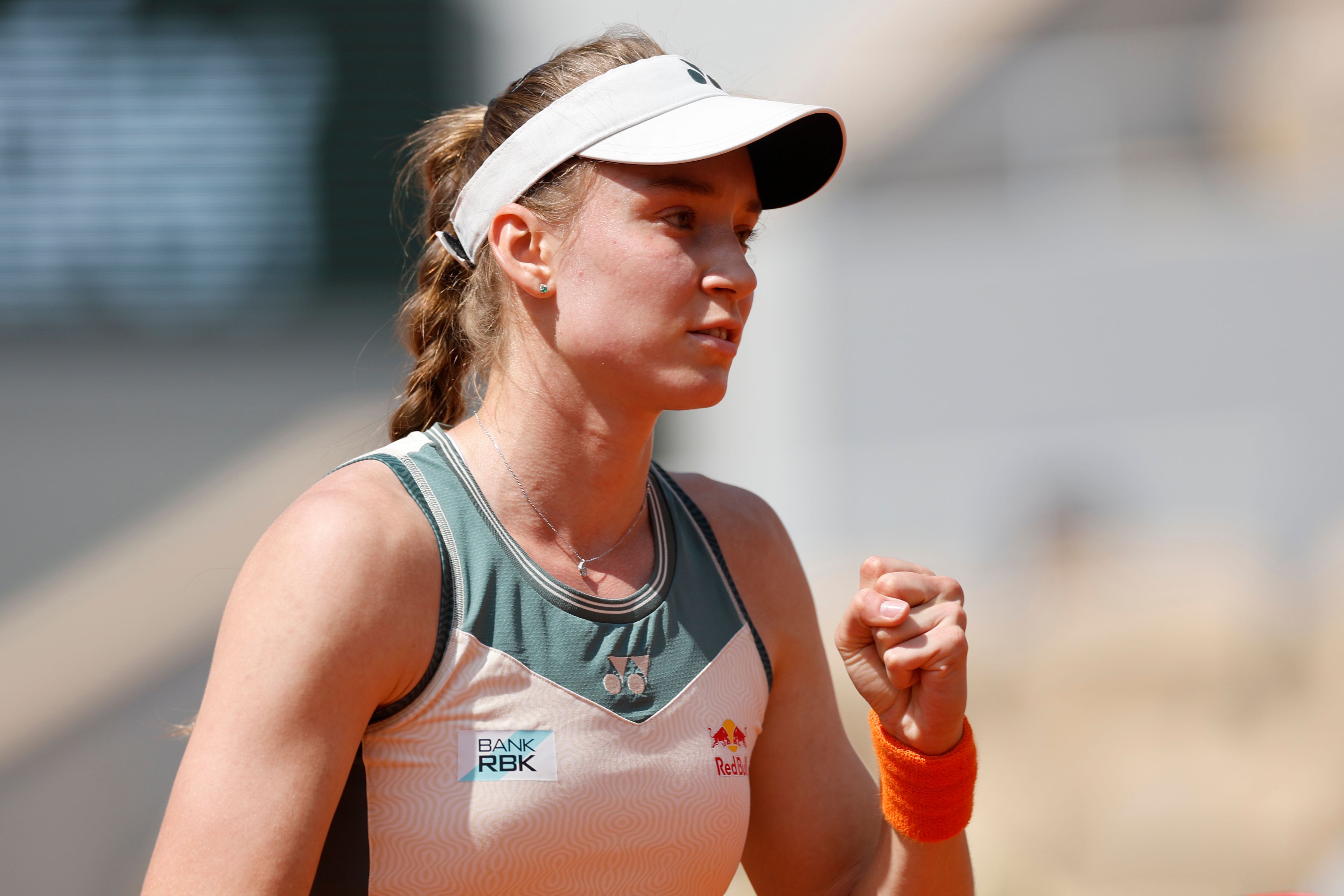 Kazakhstan's Elena Rybakina celebrates as she won the fourth round match of the French Open tennis tournament against Ukraine's Elina Svitolina at the Roland Garros stadium in Paris, Monday, June 3, 2024.