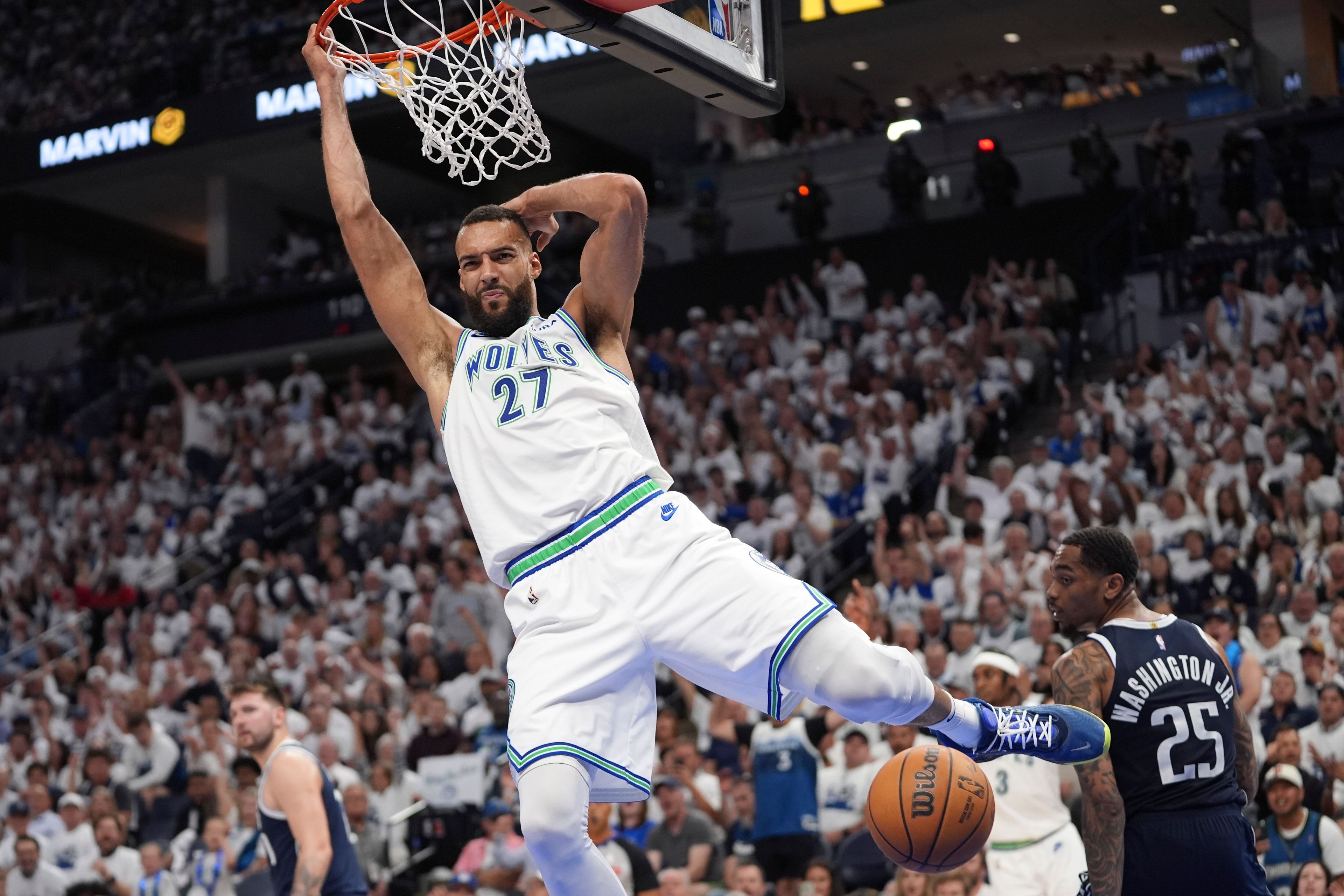 Timberwolves center Rudy Gobert scores against the Mavericks during the second half in Game 1 of the Western Conference finals Wednesday in Minneapolis.