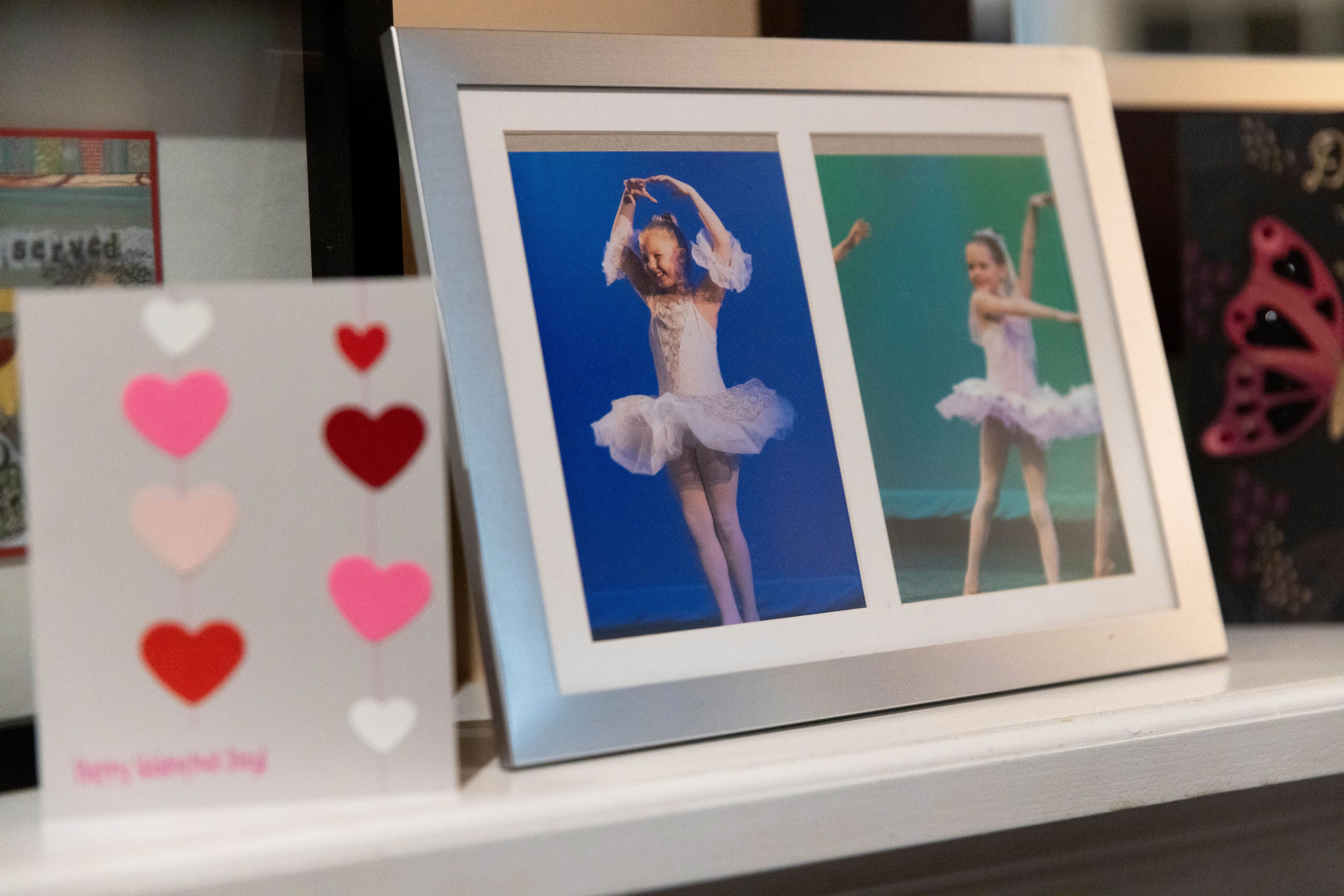 Ballet photos of Kate and Sutton Bulkeley are displayed on a mantle, Friday, Feb. 16, 2024, in Westport, Conn. No longer just a distraction or a way to connect with friends, social media has matured into a physical space and a community that almost all U.S. teenagers belong to. Up to 95% of teenagers say they use social media, with more than one-third saying they are on it “almost constantly,” according to the Pew Research Center.