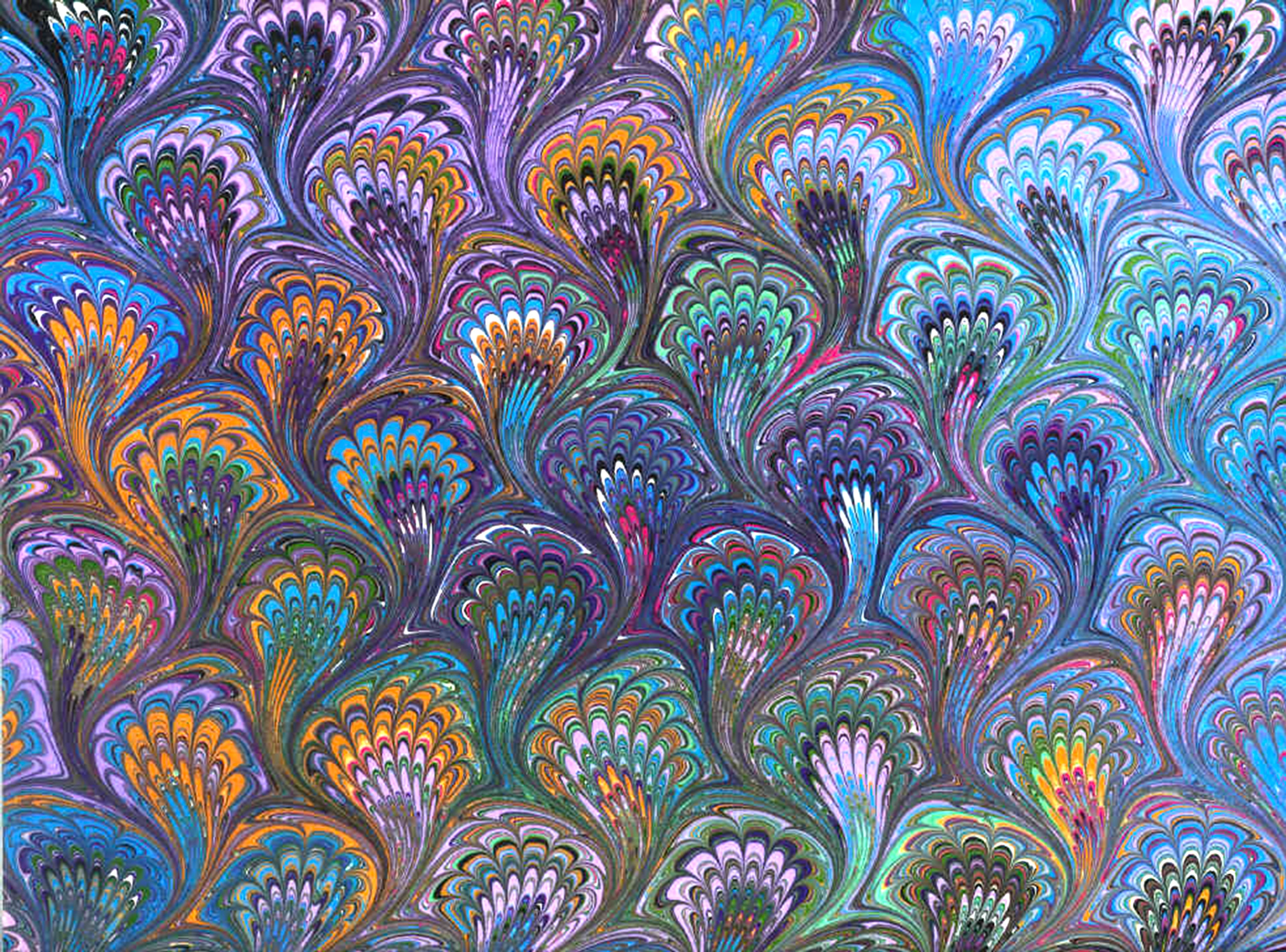 Peacock (or Bouquet) Pattern: The peacock is the most popular and famous pattern in marbling. The real name for this pattern is supposed to be Bouquet, but it seems most people call it the Peacock. They can be made in many different sizes, depending on the spacing of the teeth of the comb and the rake.