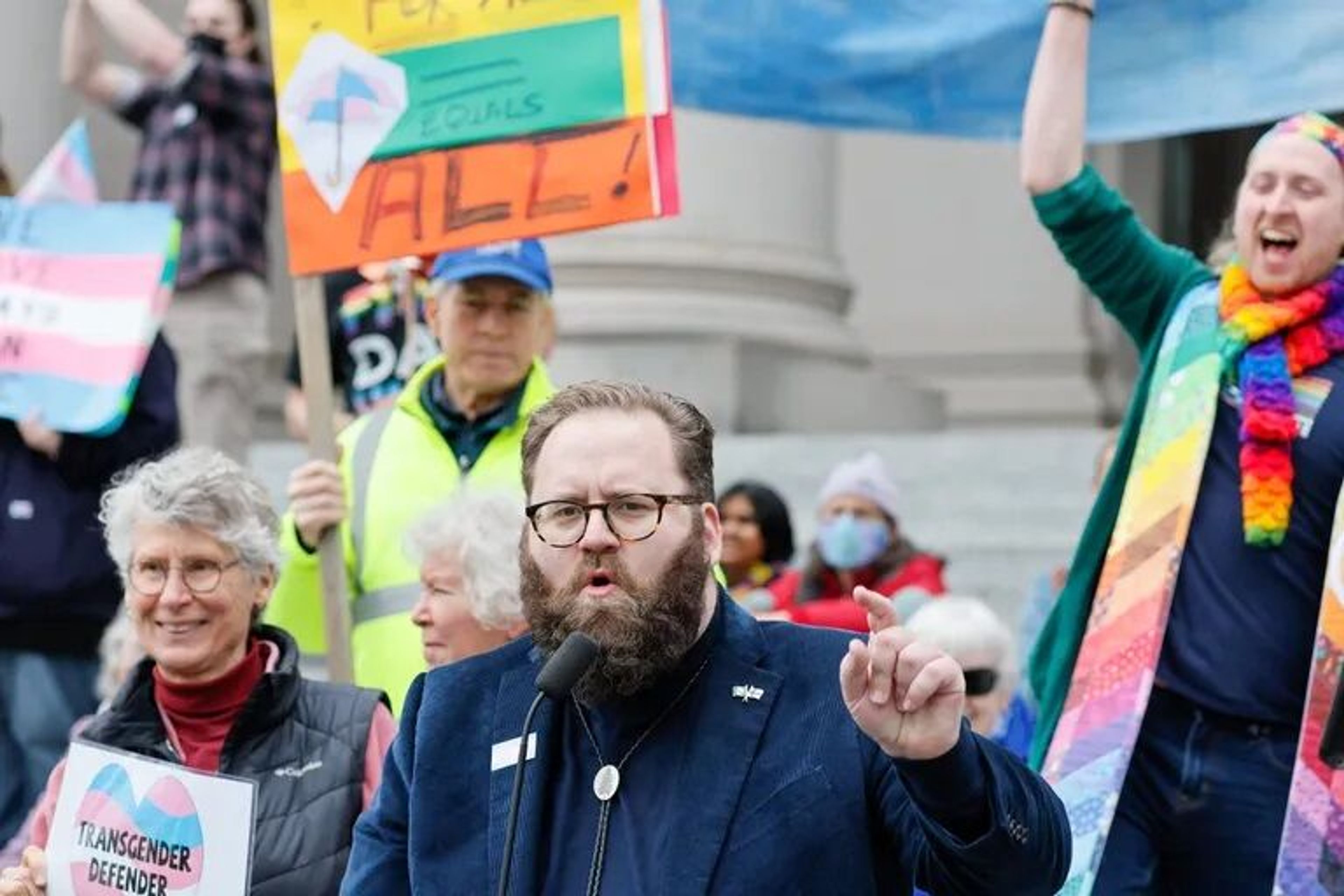 Washington state Sen. Marko Liias speaks at a trans rights rally in Olympia last year.