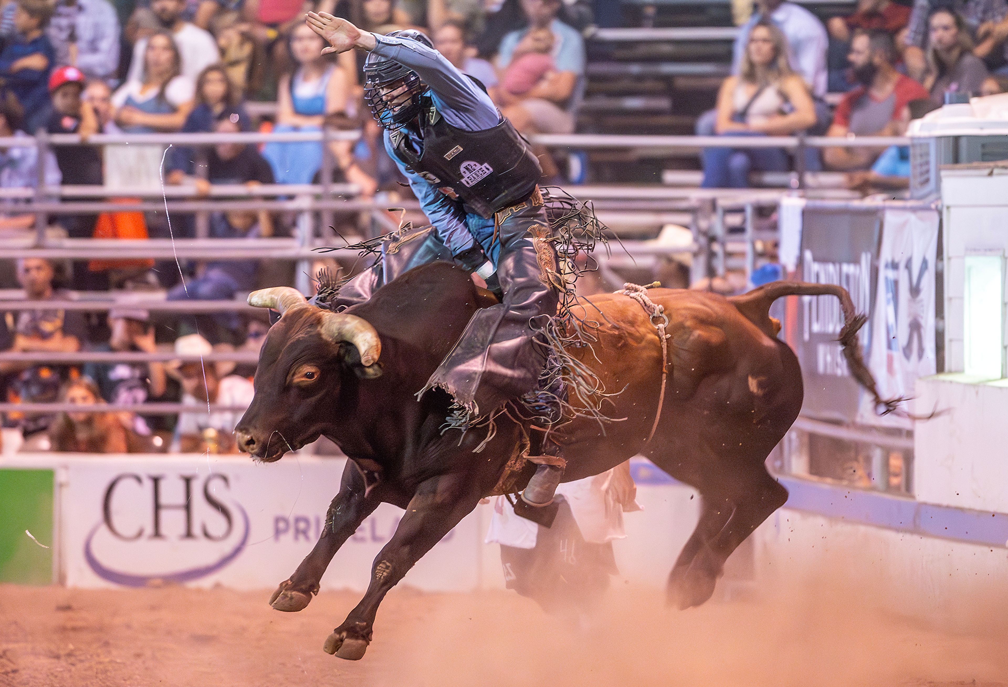 TJ Gray rides Gone Elvis to a victory in the second night in a row in the bull riding competition on day 2 of the Lewiston Roundup.