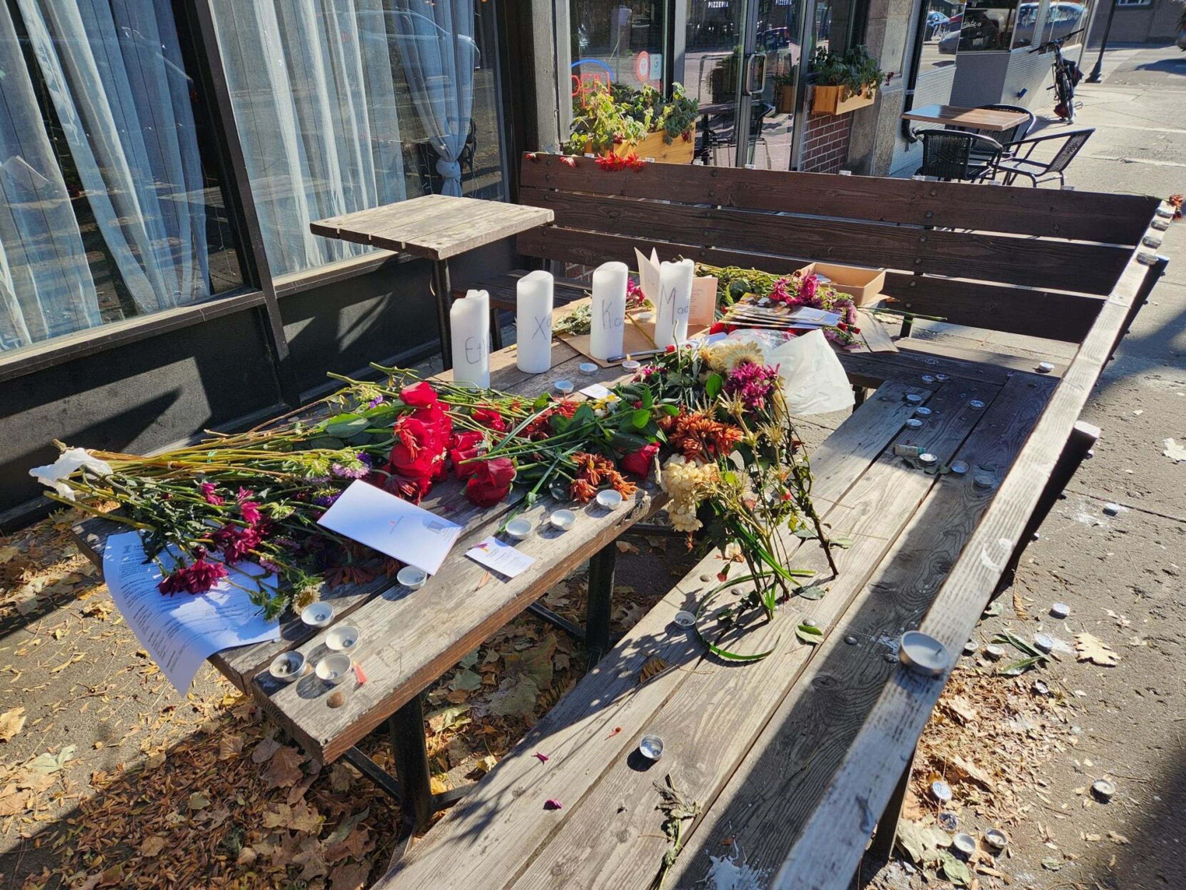 A makeshift memorial is seen near the Mad Greek restaurant in Moscow.