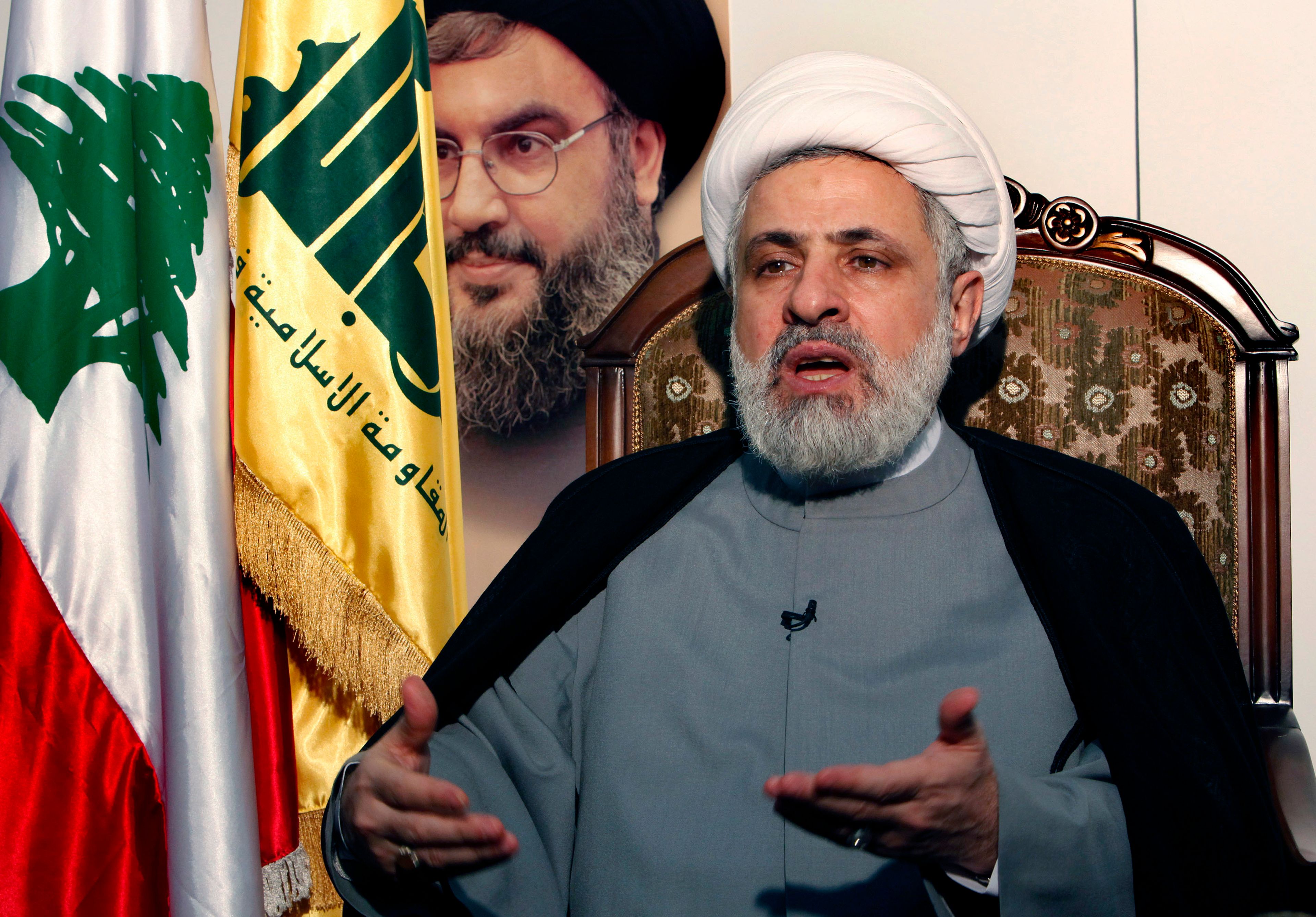 FILE - The deputy chief of Hezbollah, Sheik Naim Kassem, speaks during an interview with the Associated Press in the southern suburb of Beirut, Lebanon, Tuesday June 2, 2009. (AP Photo/Hussein Malla, File)