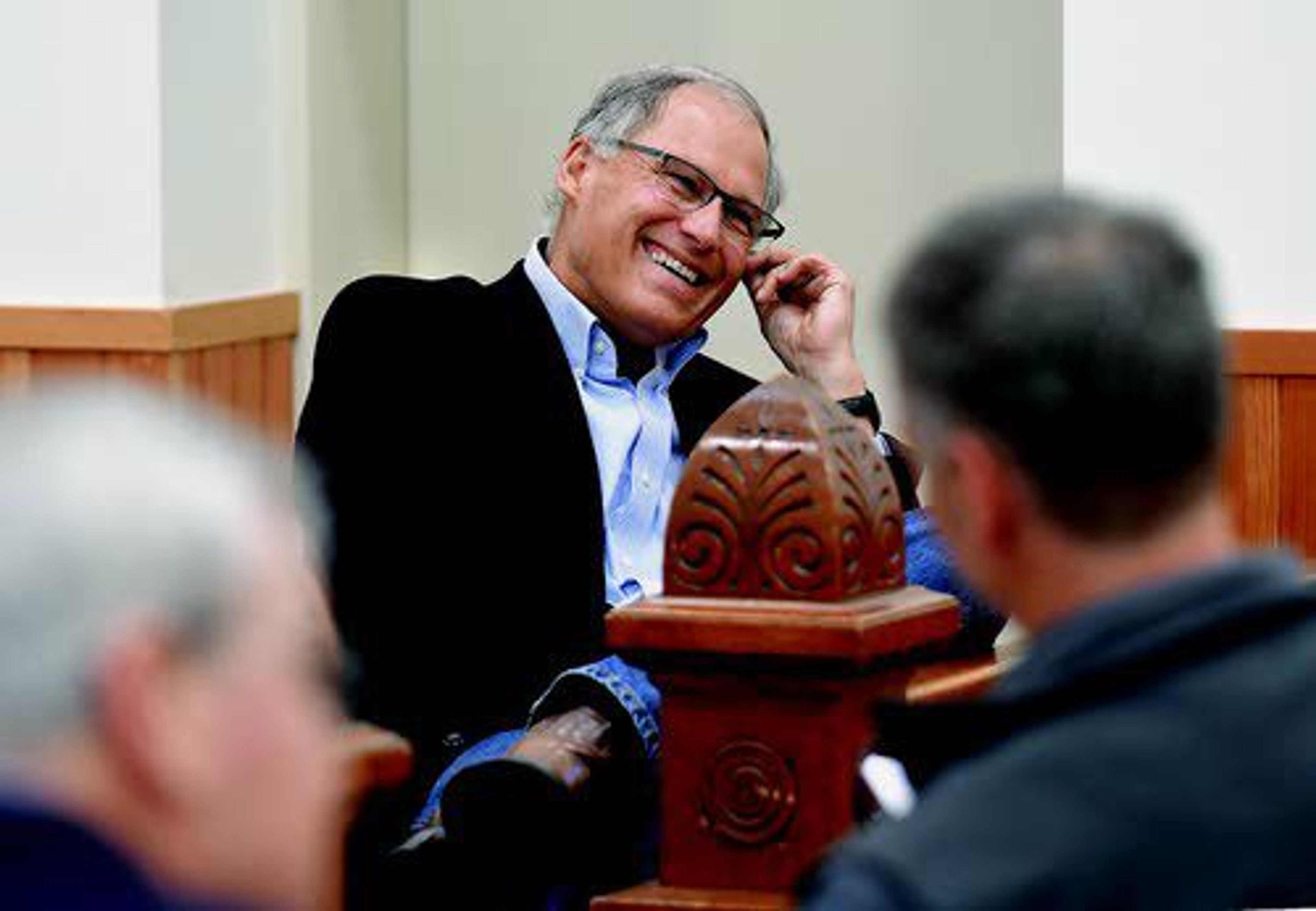 Washington Gov. Jay Inslee listens Wednesday as people at Pomeroy share ideas of how to expand broadband service into rural areas of southeastern Washington.