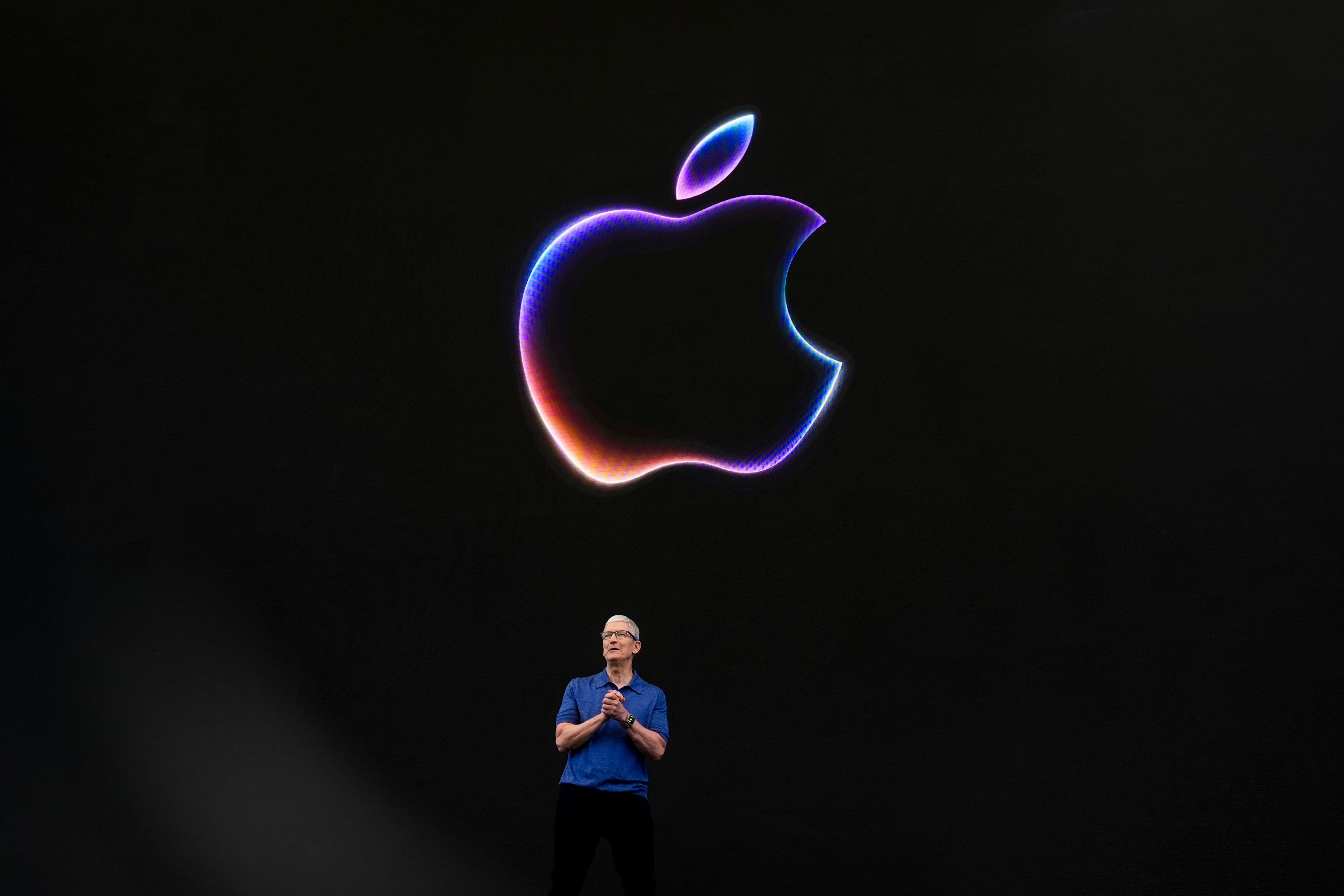 Apple CEO Tim Cook speaks during an announcement of new products on the Apple campus in Cupertino, Calif., Monday, June 10, 2024.