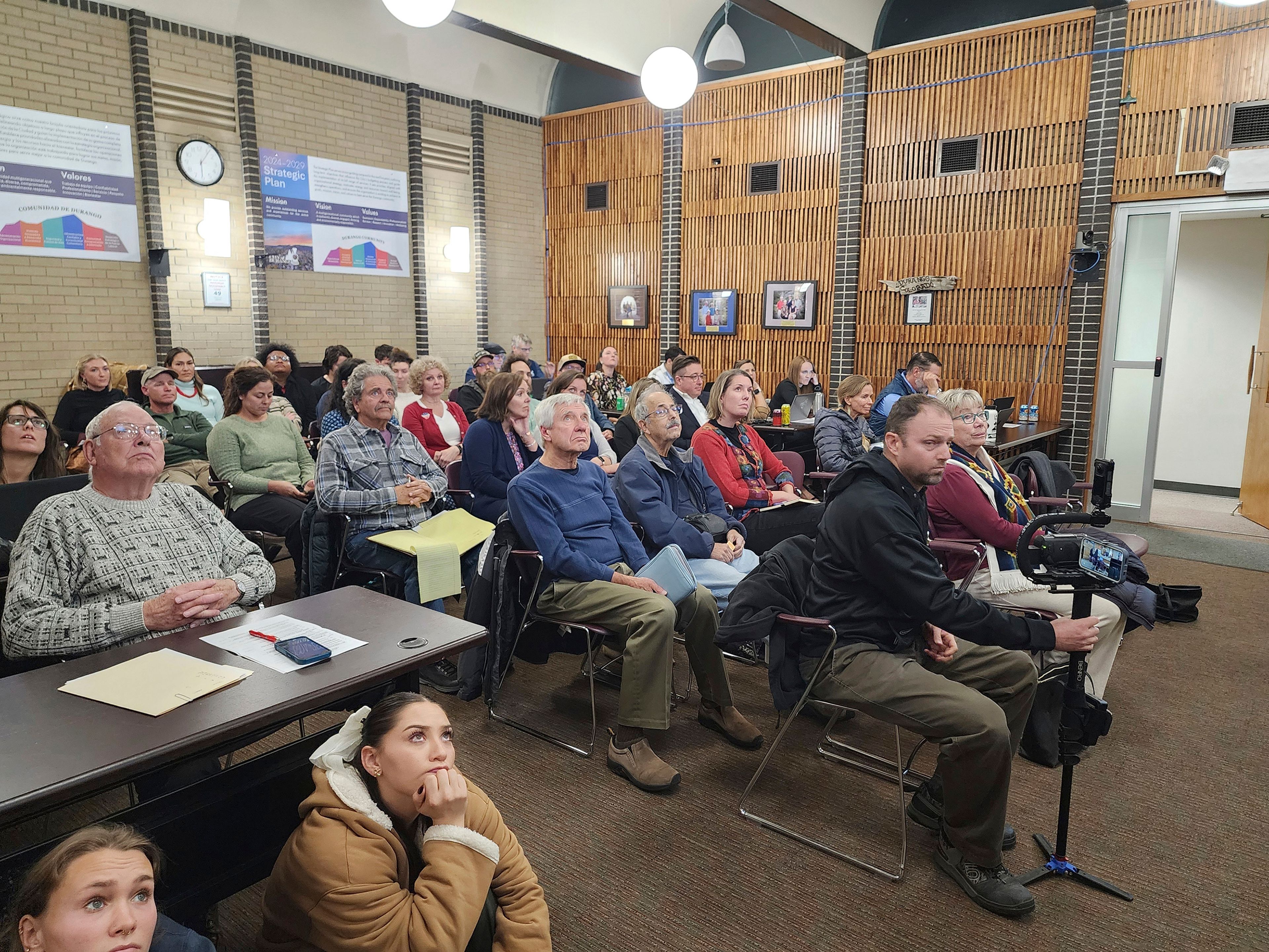 Residents attend a Durango City Council meeting to speak about the continued fluoridation of the city's drinking water, Nov. 5, 2024, in Durango, Colo. (Christian Burney/The Durango Herald via AP)