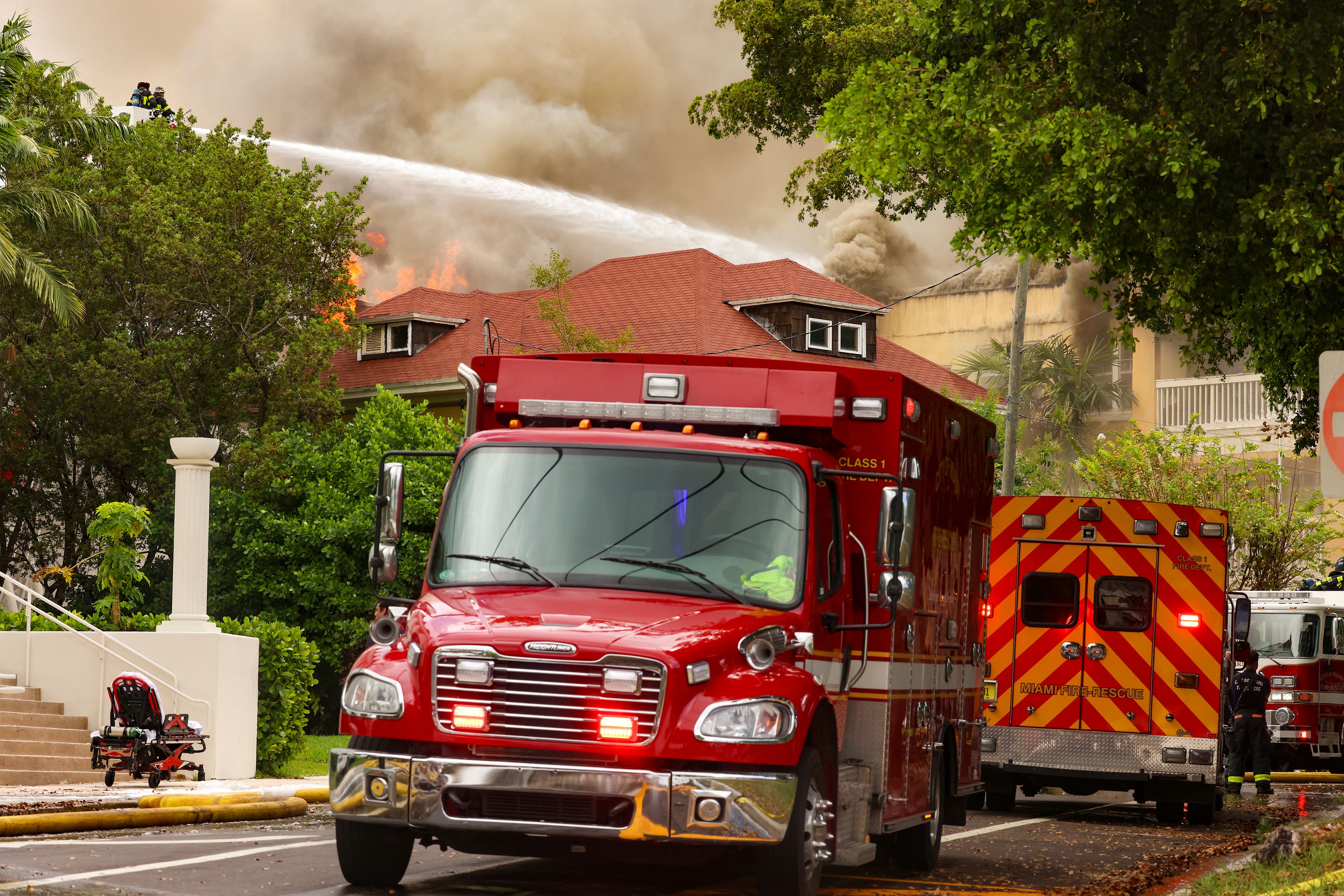 Miami Fire Rescue and Miami police work at the scene of the fire at the Temple Court Apartments, Monday, June 10, 2024 in Miami.