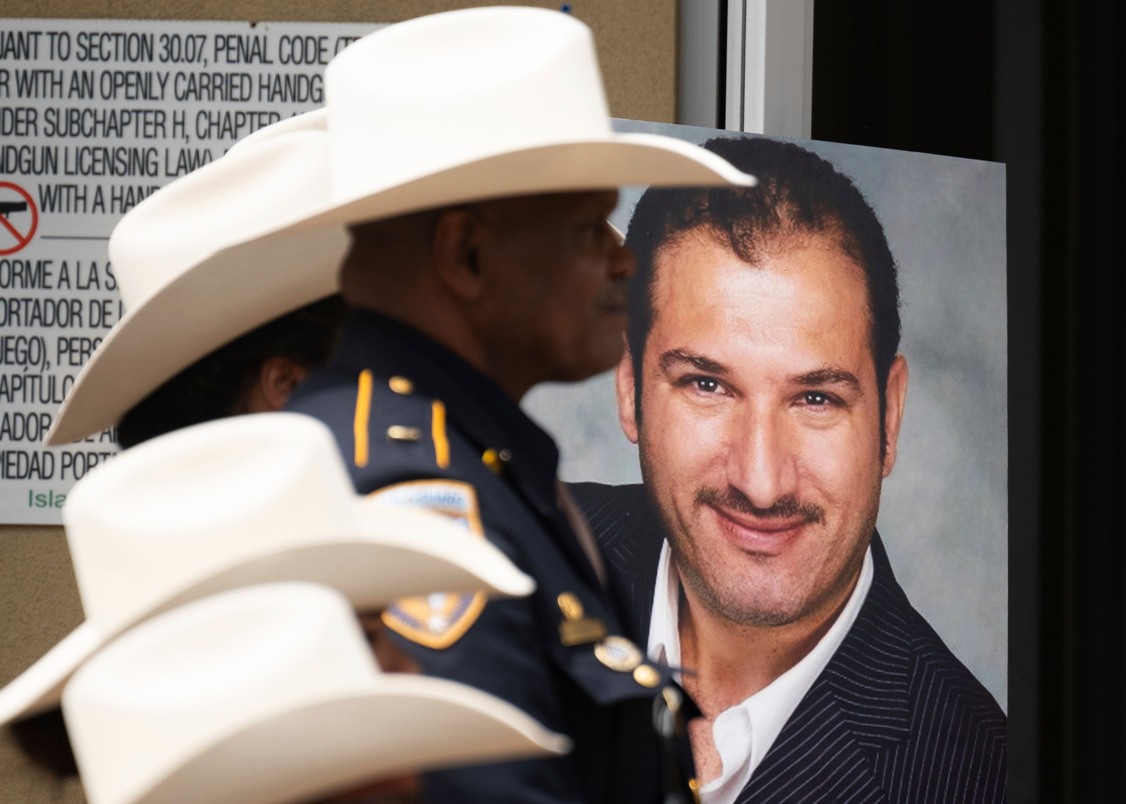 An image of Harris County Precinct 4 Deputy Constable Maher Husseini is displayed following his funeral prayers at Masjid Al Salem Mosque, Thursday, Sept. 5, 2024, in Spring, Texas.