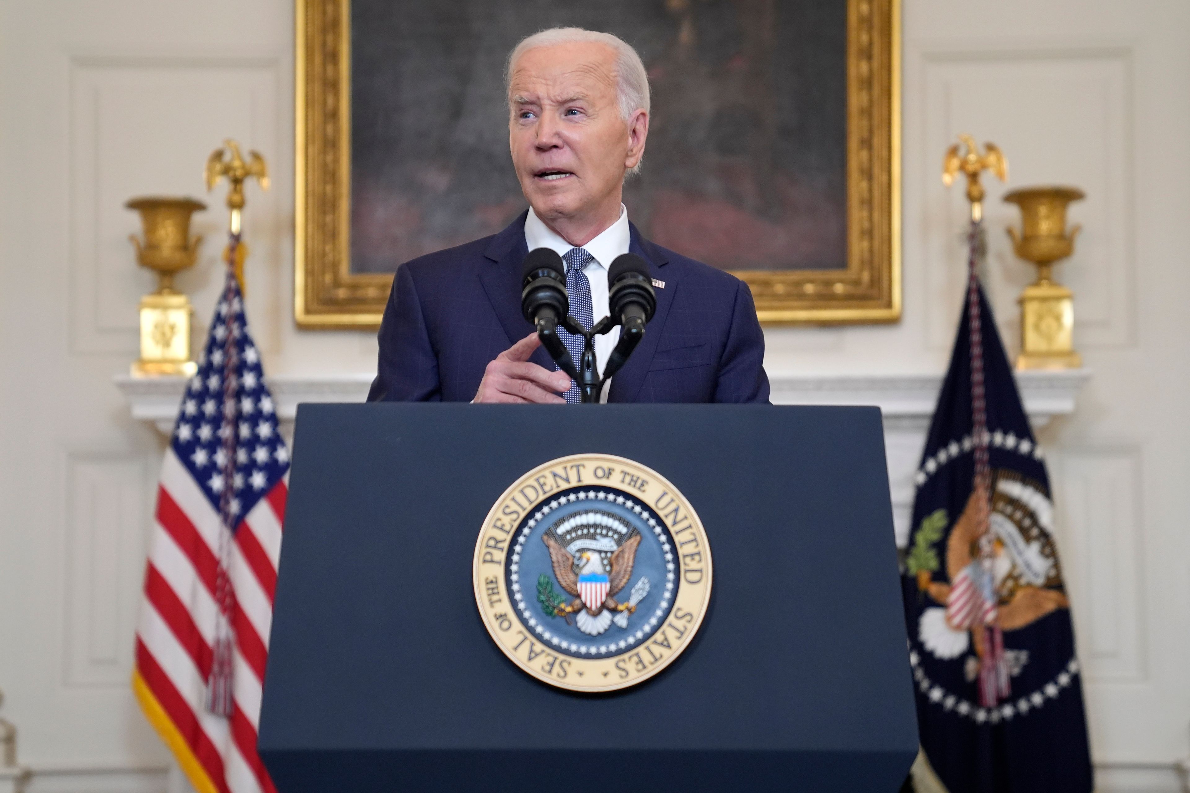 President Joe Biden delivers remarks on the verdict in former President Donald Trump's hush money trial and on the Middle East, from the State Dining Room of the White House, Friday, May 31, 2024, in Washington. (AP Photo/Evan Vucci)