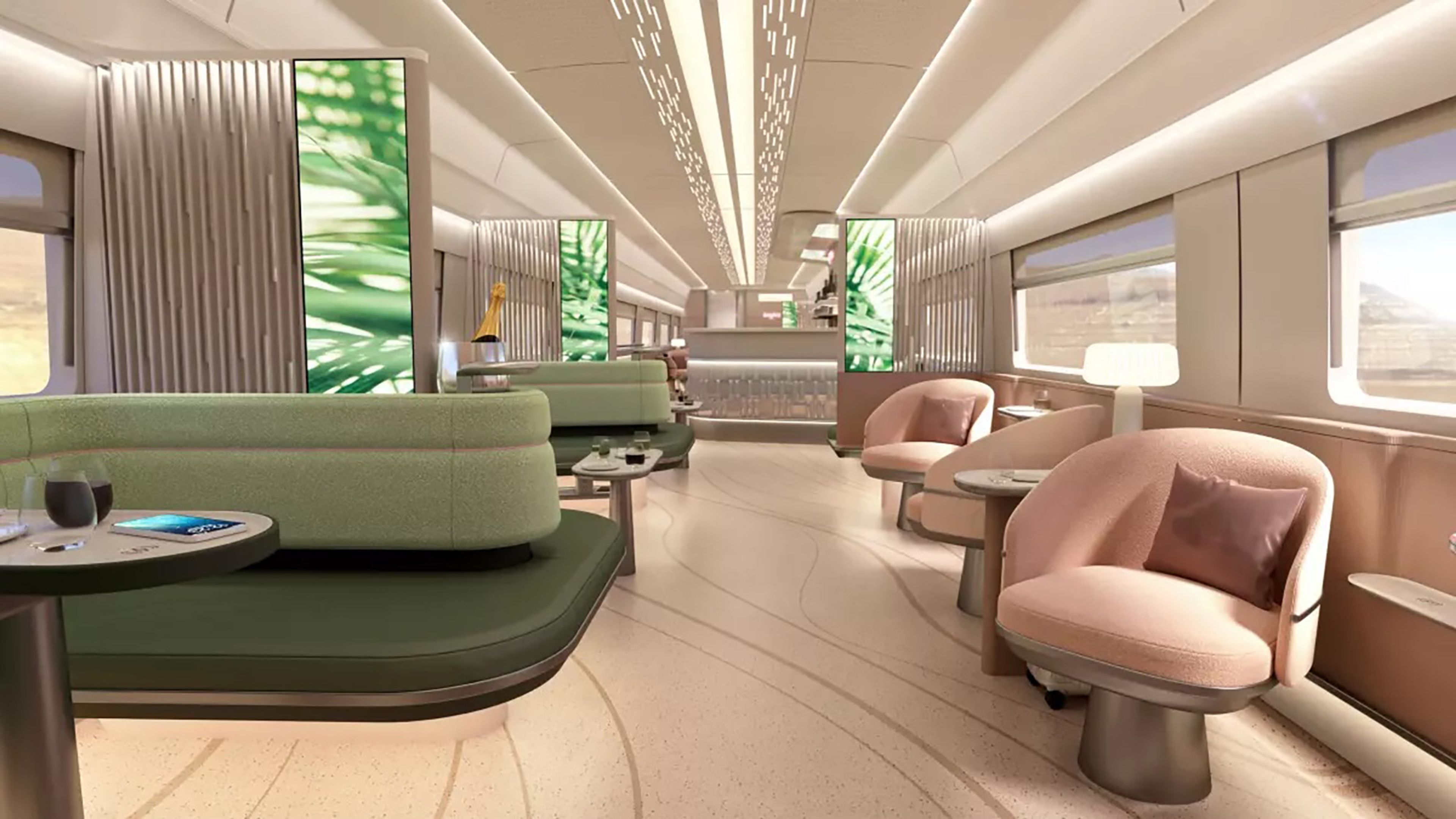 Brightline West is building a rail line between Rancho Cucamonga, California, and Las Vegas. This is the company's rendering of a lounge car. (Brightline West/TNS)