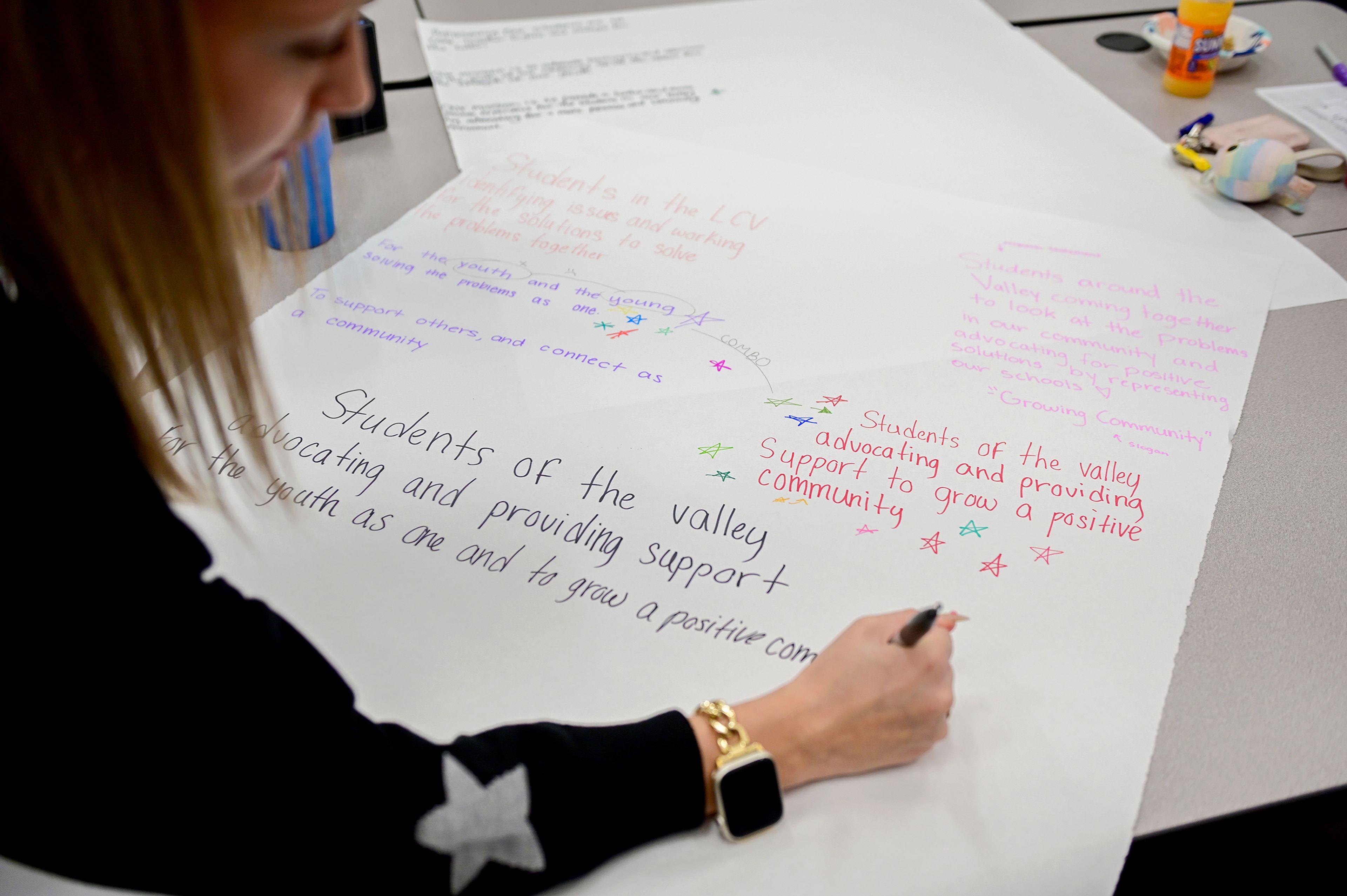 Eliza Nick, a junior at Tammany High School, writes out a mission statement for the Students of the Valley Advocacy, created out of a combination of ideas drafted and voted on by students in the group Monday during meeting at Asotin High School.