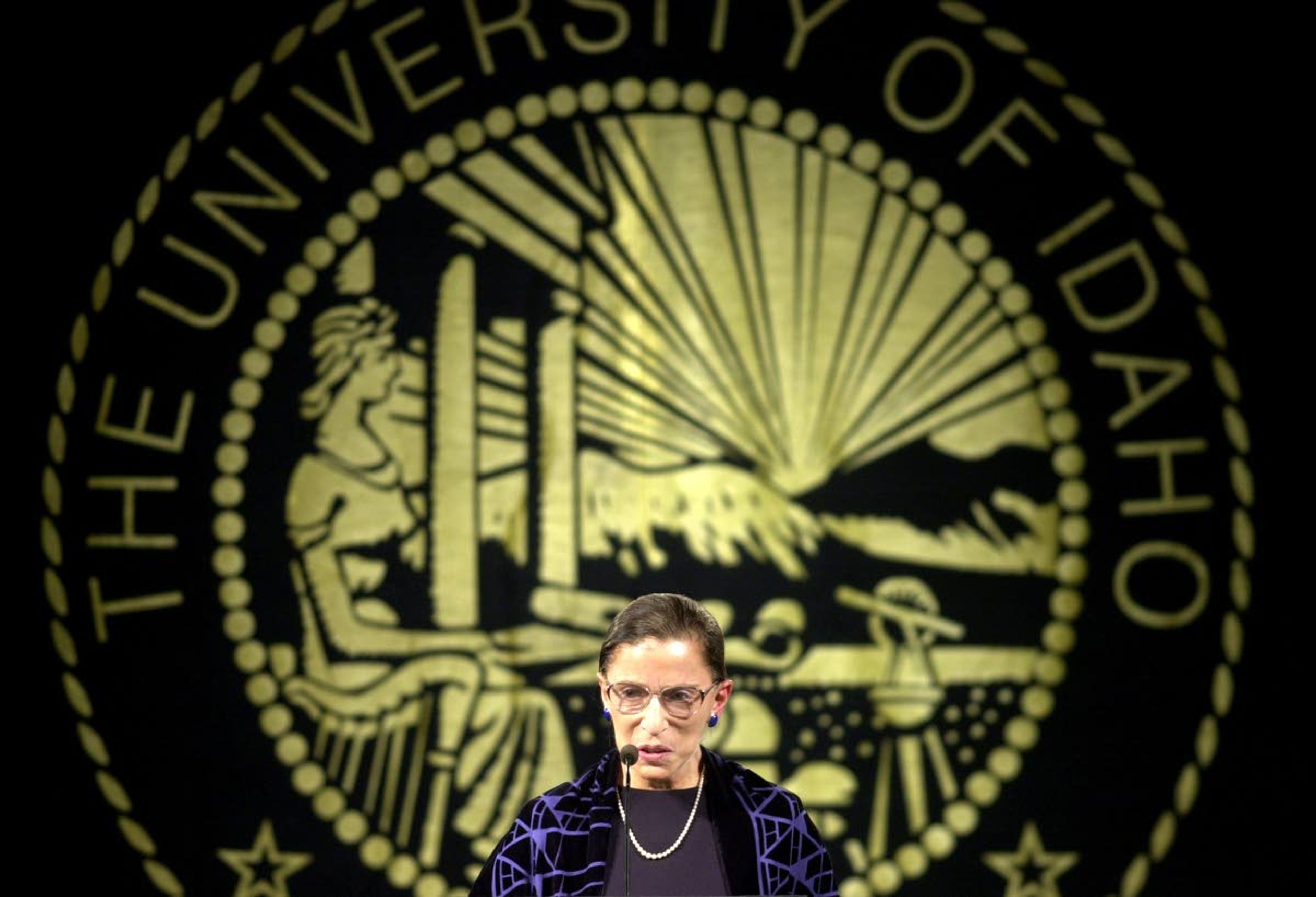 U.S. Supreme Court Justice Ruth Bader Ginsburg delivers the College of Law Bellwood Lecture at the University of Idaho in Moscow, Idaho Thursday, Sept. 18, 2003. Her speach was entitled, "Looking Beyond Our Borders: The Value of a Comparative Perspective in Constititional Adjudication." (AP Photo/Rajah Bose)