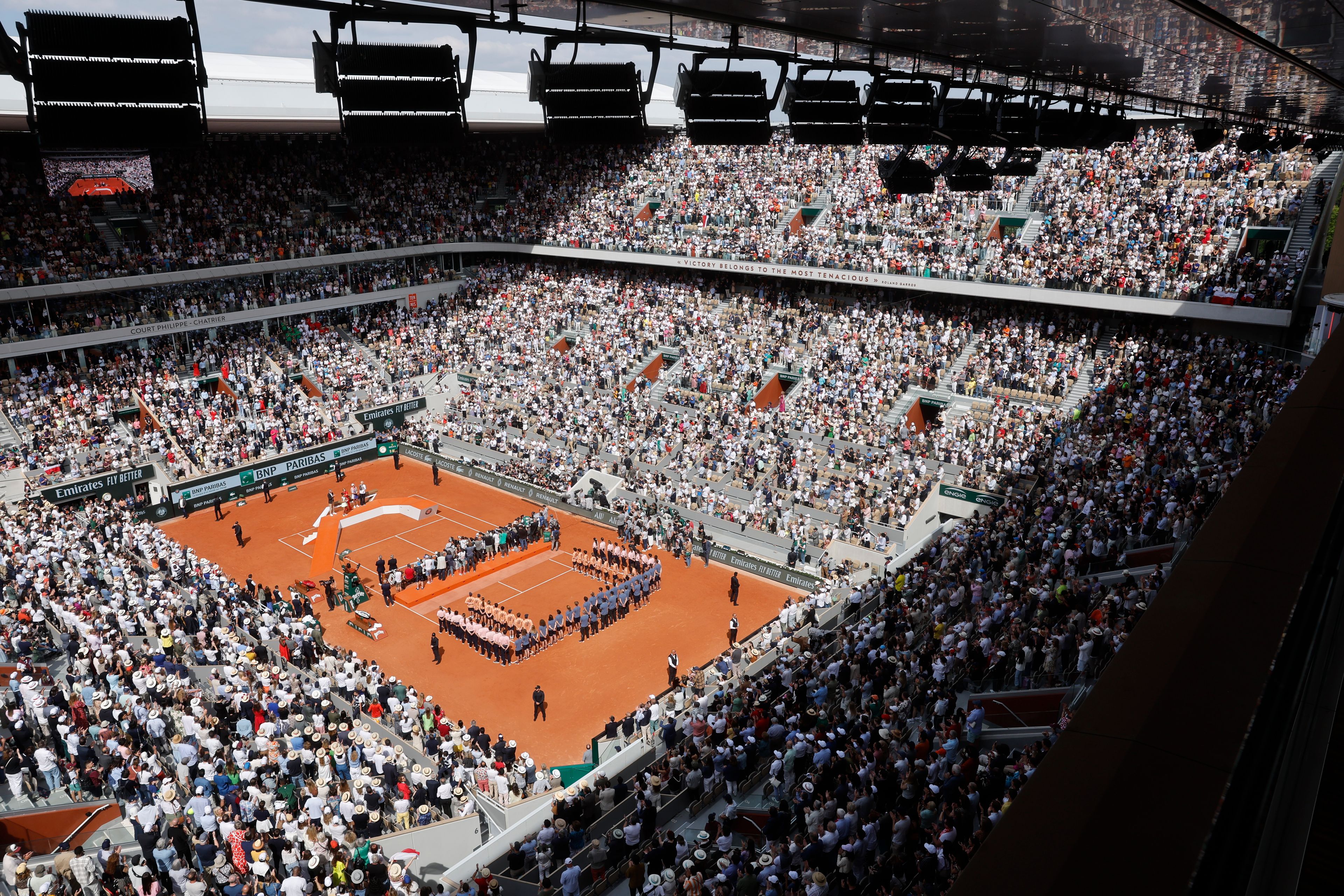 A view of the center court Philippe Chatrier during the awards ceremony for winner Poland's Iga Swiatek and second placed Italy's Jasmine Paolini after the women's final of the French Open tennis tournament at the Roland Garros stadium in Paris, France, Saturday, June 8, 2024.