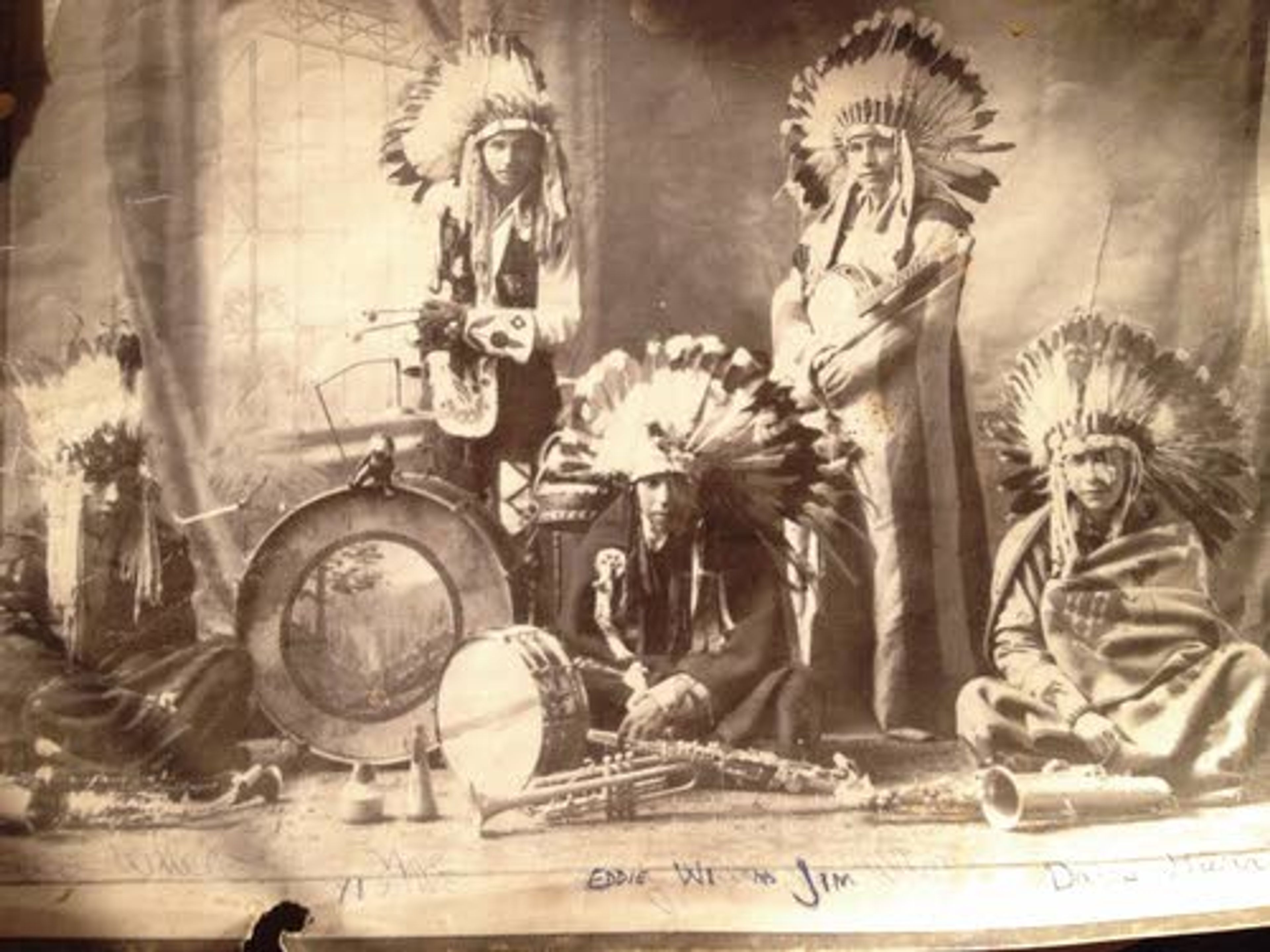 From left to right: Titus White, Pete (Fox) McCormack, Eddie Williams, Jim White and Dave Garrick were members of the Nez Perce tribal band the Nezpercians. BELOW: Drummer McCormack.