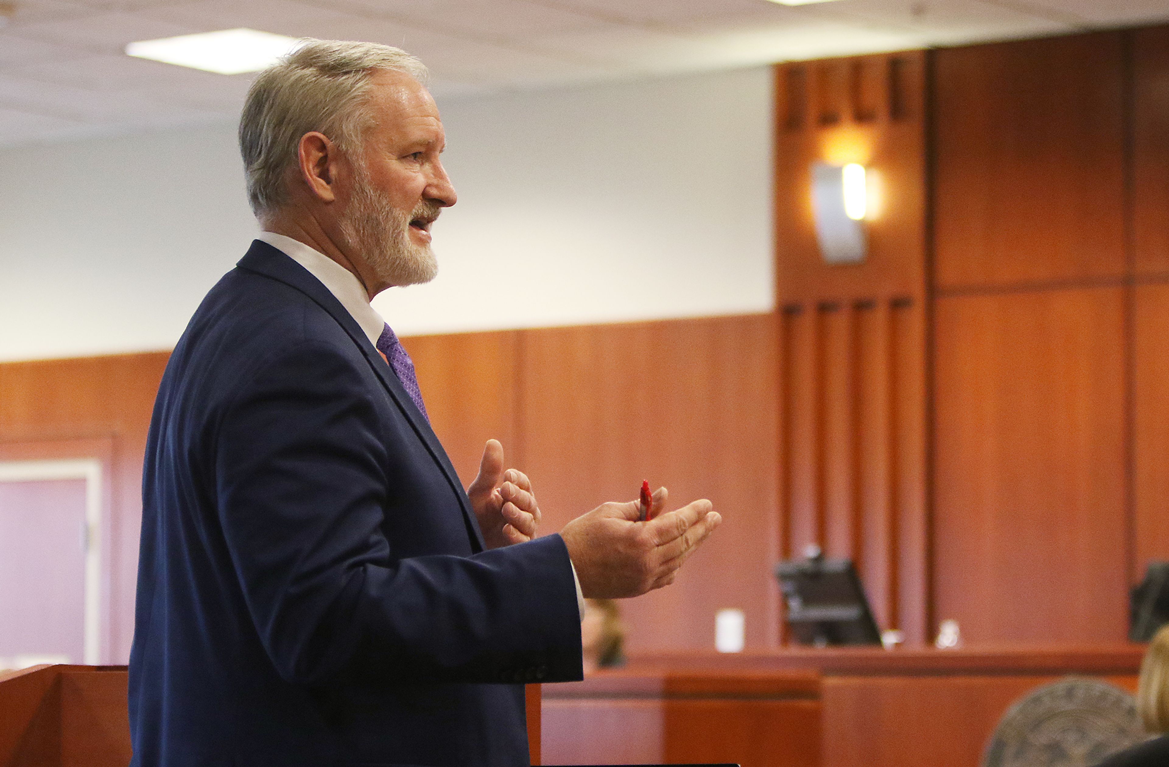 Defense attorney Jon Cox delivers his opening remarks Tuesday during the trial of former Idaho State Rep. Aaron von Ehlinger at the Ada County Courthouse in Boise.