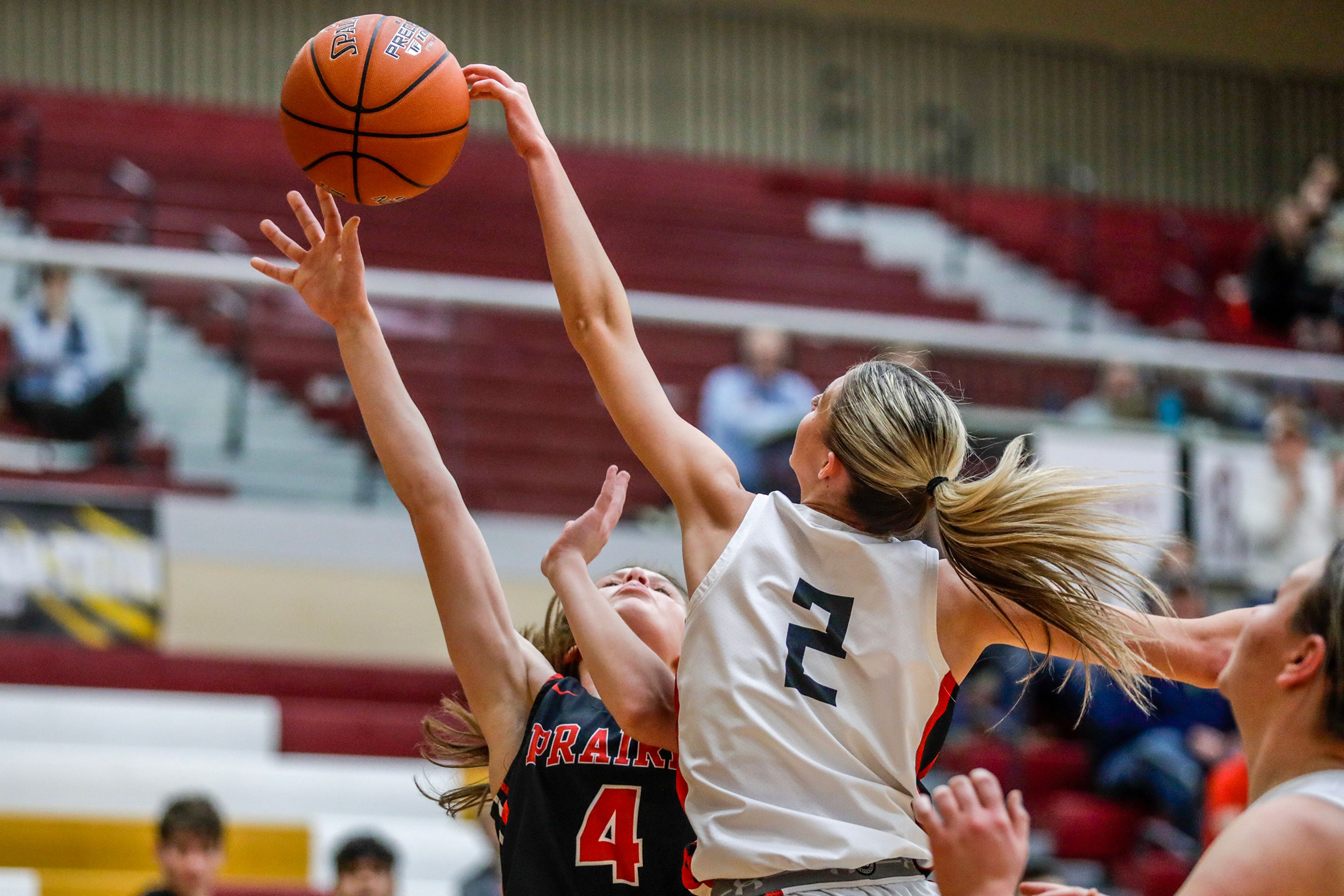 Prairie guard Sydney Shears has her shot knocked down by Murtaugh guard Bryleigh Widmier during a quarterfinal game in the girls 1A DI state tournament Thursday at Columbia High School in Nampa.