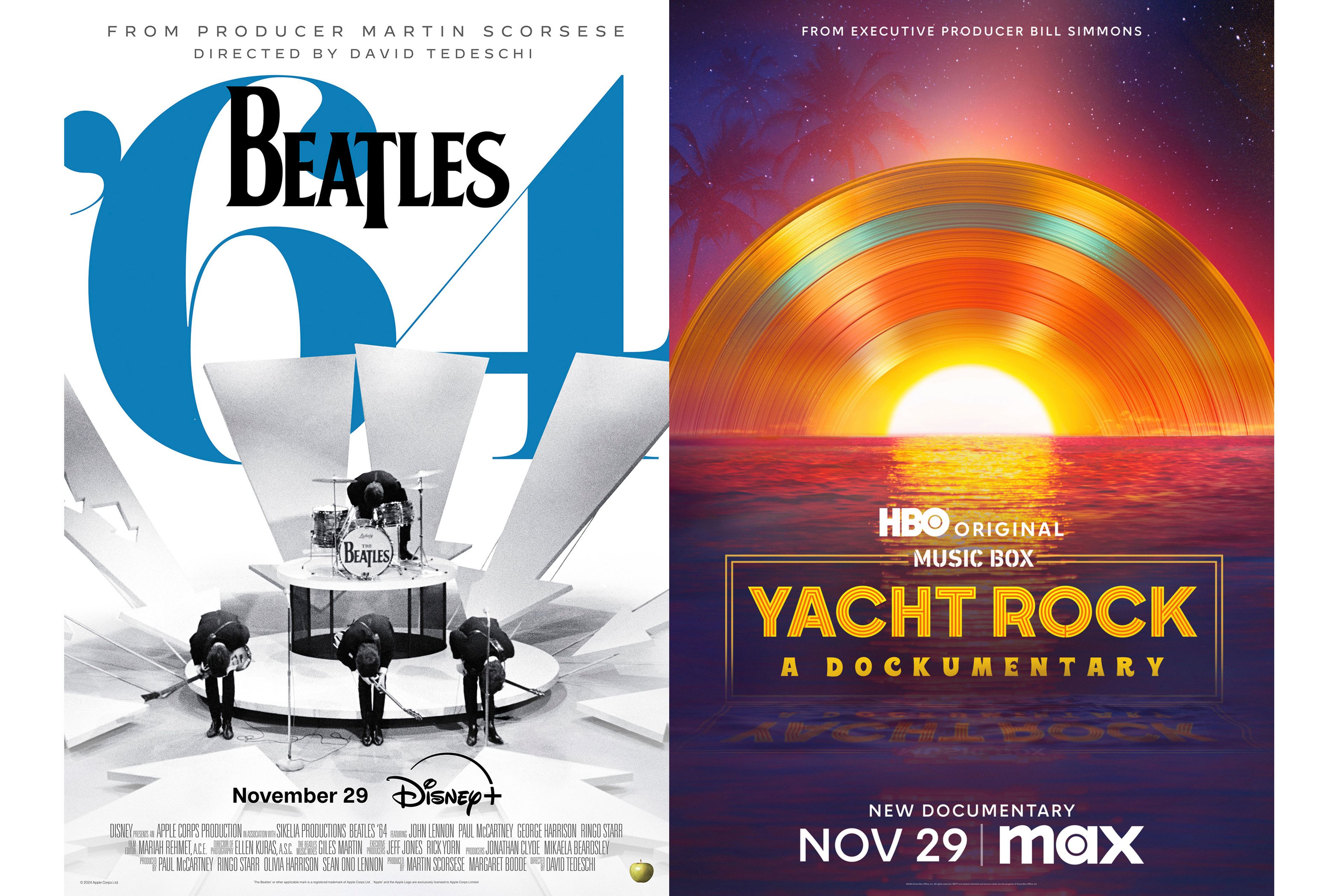 This combination of images shows promotional art for music documentaries "Beatles '64," left, and "Music Box: Yacht Rock: A Dockumentary." 