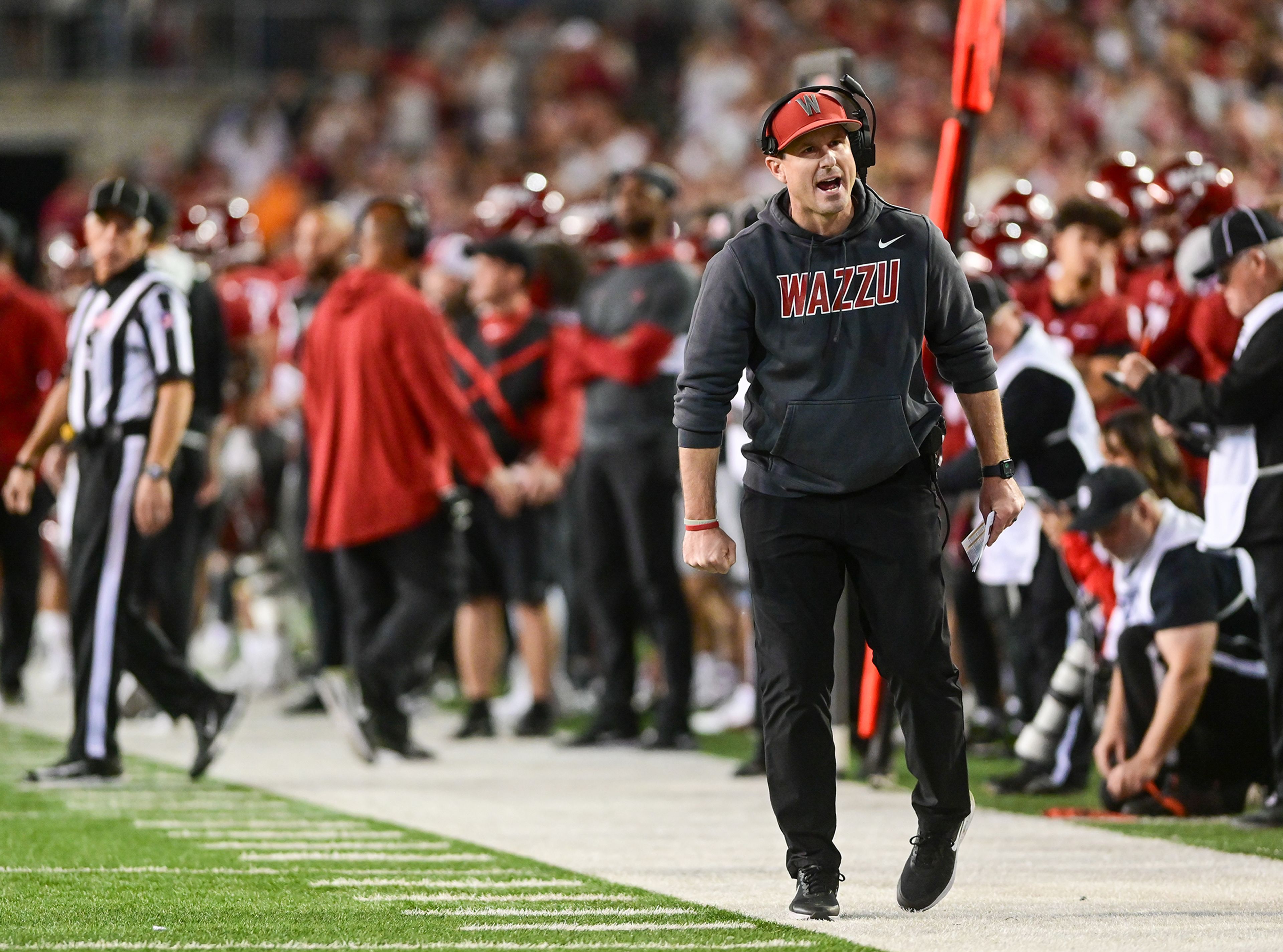 Washington State head coach Jake Dickert reacts to a call on the game against San Jose State Friday in Pullman.,