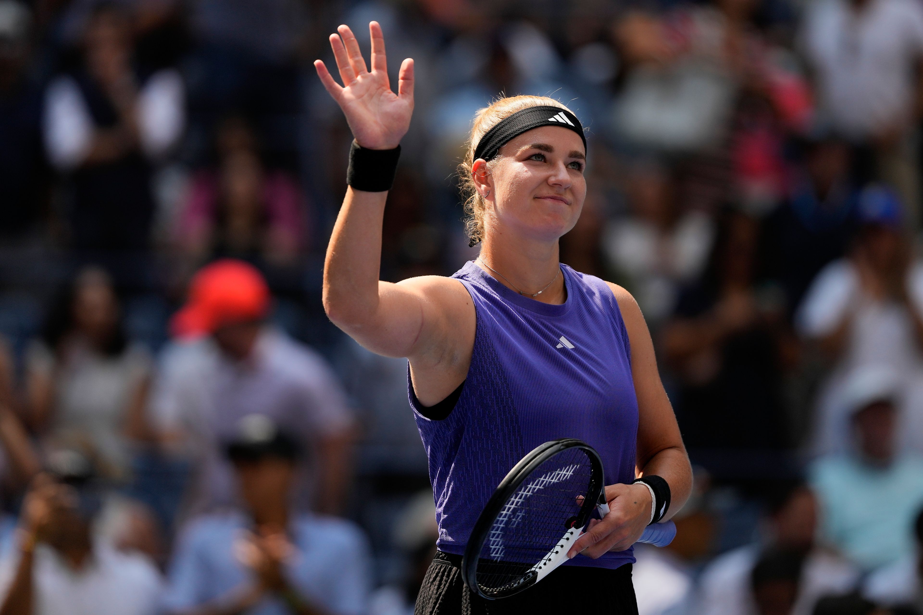 Karolina Muchova, of the Czech Republic, reacts after defeating Beatriz Haddad Maia, of Brazil, during the quarterfinals of the U.S. Open tennis championships, Wednesday, Sept. 4, 2024, in New York.