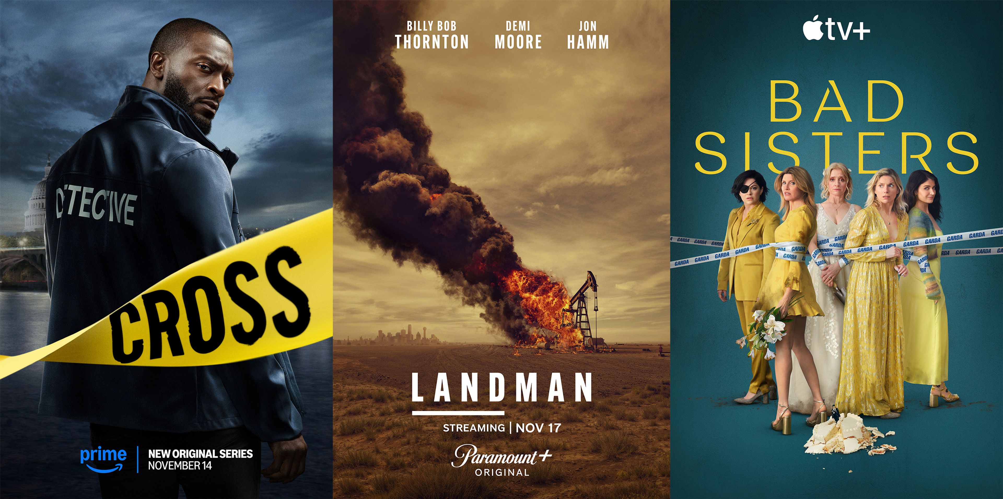 This combination of images shows promotional art for "Cross," from left, "Landman," and "Bad Sisters." 