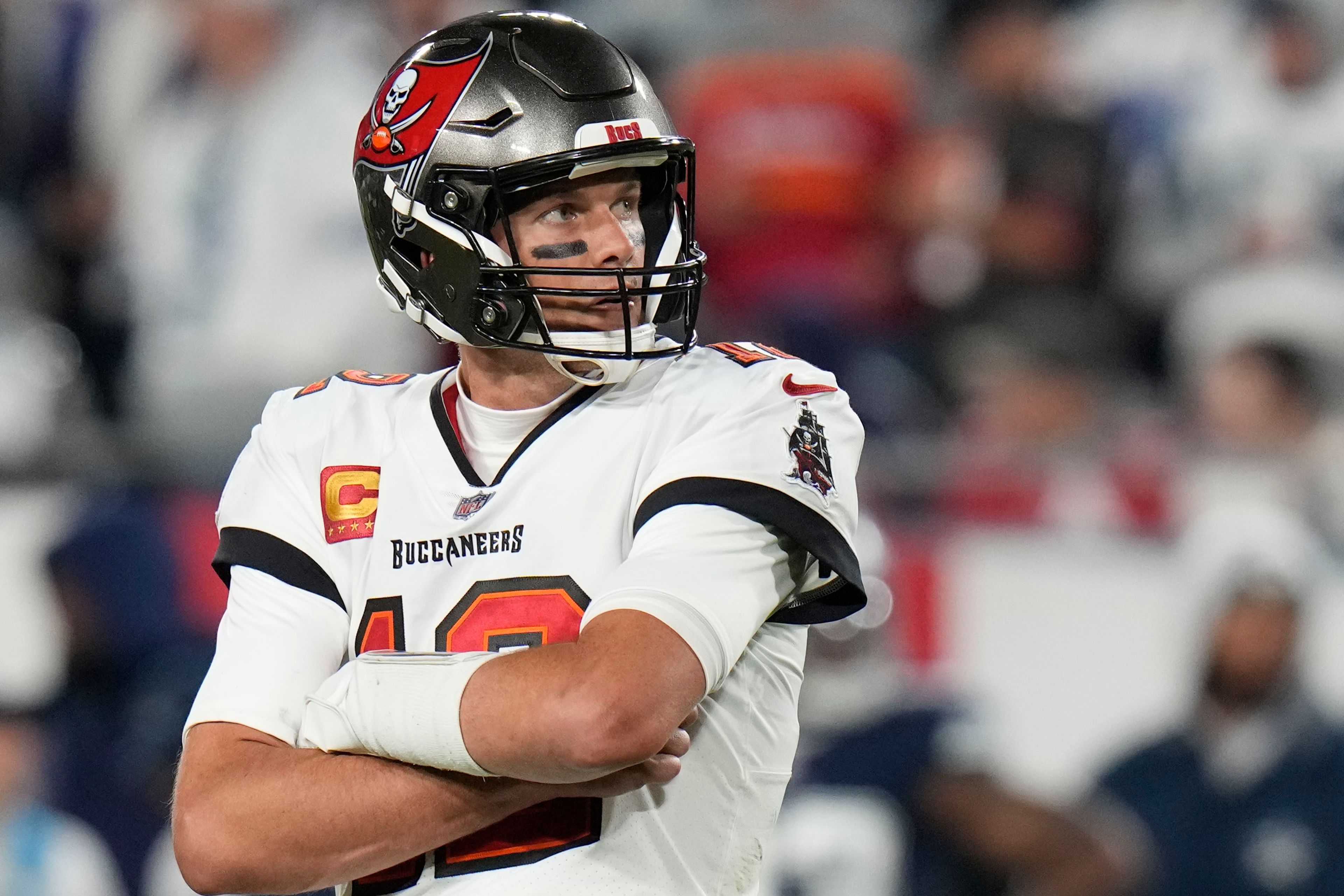 Tampa Bay Buccaneers quarterback Tom Brady (12) stands on the field during the second half of an NFL wild-card football game against the Dallas Cowboys, Monday, Jan. 16, 2023, in Tampa, Fla. (AP Photo/Chris O'Meara)