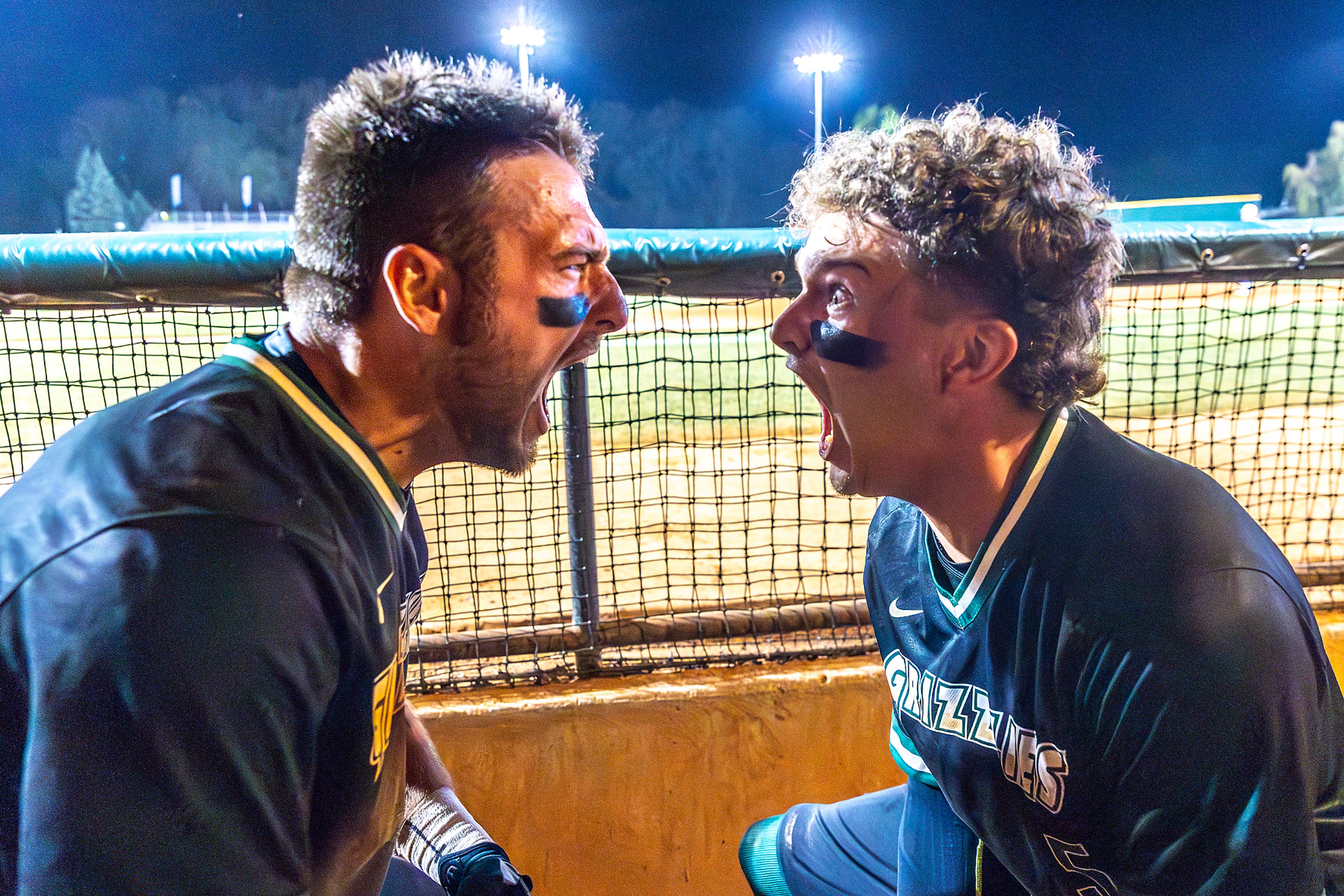 Georgia Gwinnett's Ajay Sczepkowski lets out a yell with teammate Caden Smith as he celebrates a home run against Tennessee Wesleyan in Game 12 of the NAIA World Series at Harris Field Monday in Lewiston.