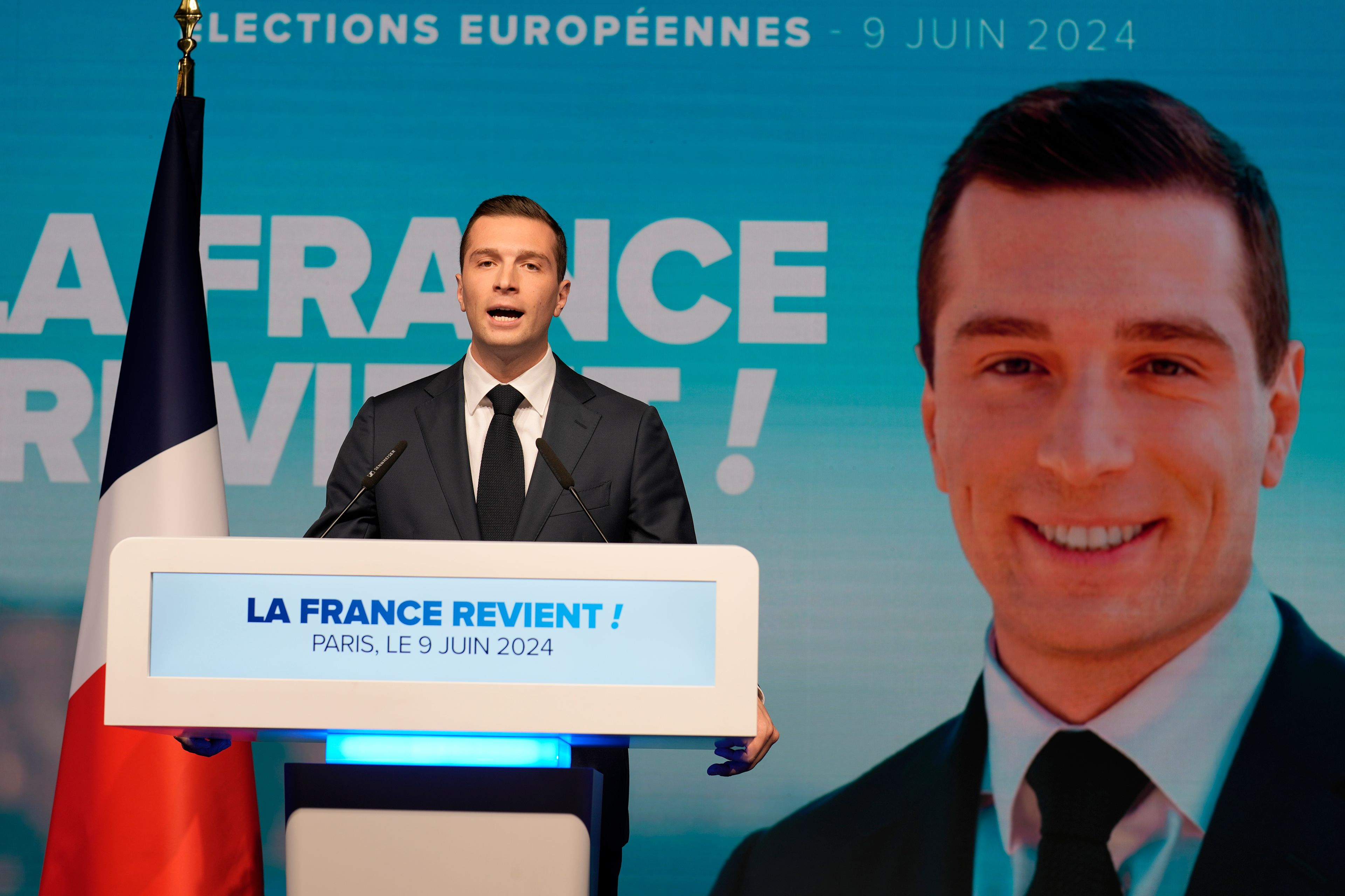 French far-right National Rally lead candidate Jordan Bardella delivers a speech at the party election night headquarters, Sunday, June 9, 2024 in Paris. First projected results from France put far-right National Rally party well ahead in EU elections, according to French opinion poll institutes.