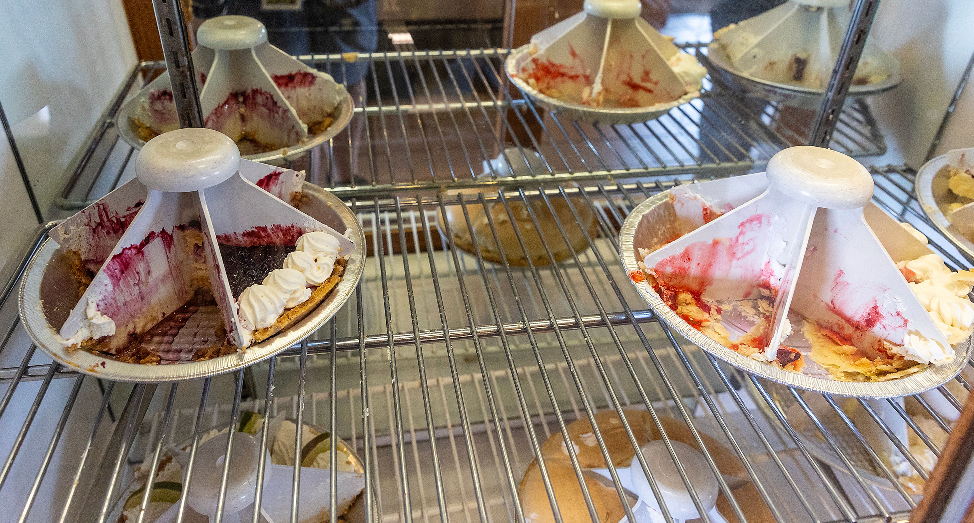 Pie trays sit emptying Monday at Sharis Restaurant in Lewiston.