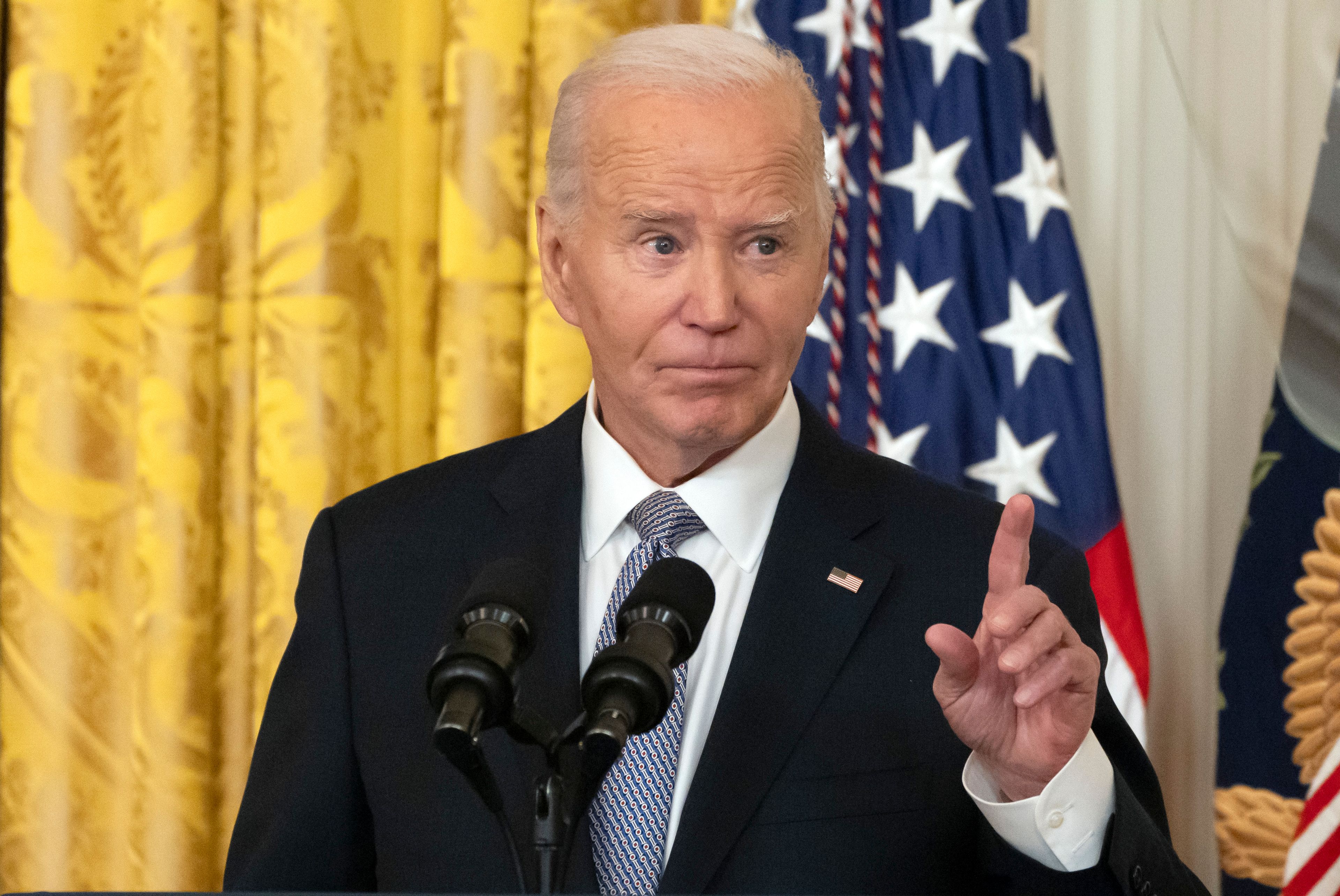 President Joe Biden speaks during a National Arts and Humanities Reception in the East Room at the White House in Washington, Monday, Oct. 21, 2024. (AP Photo/Mark Schiefelbein)