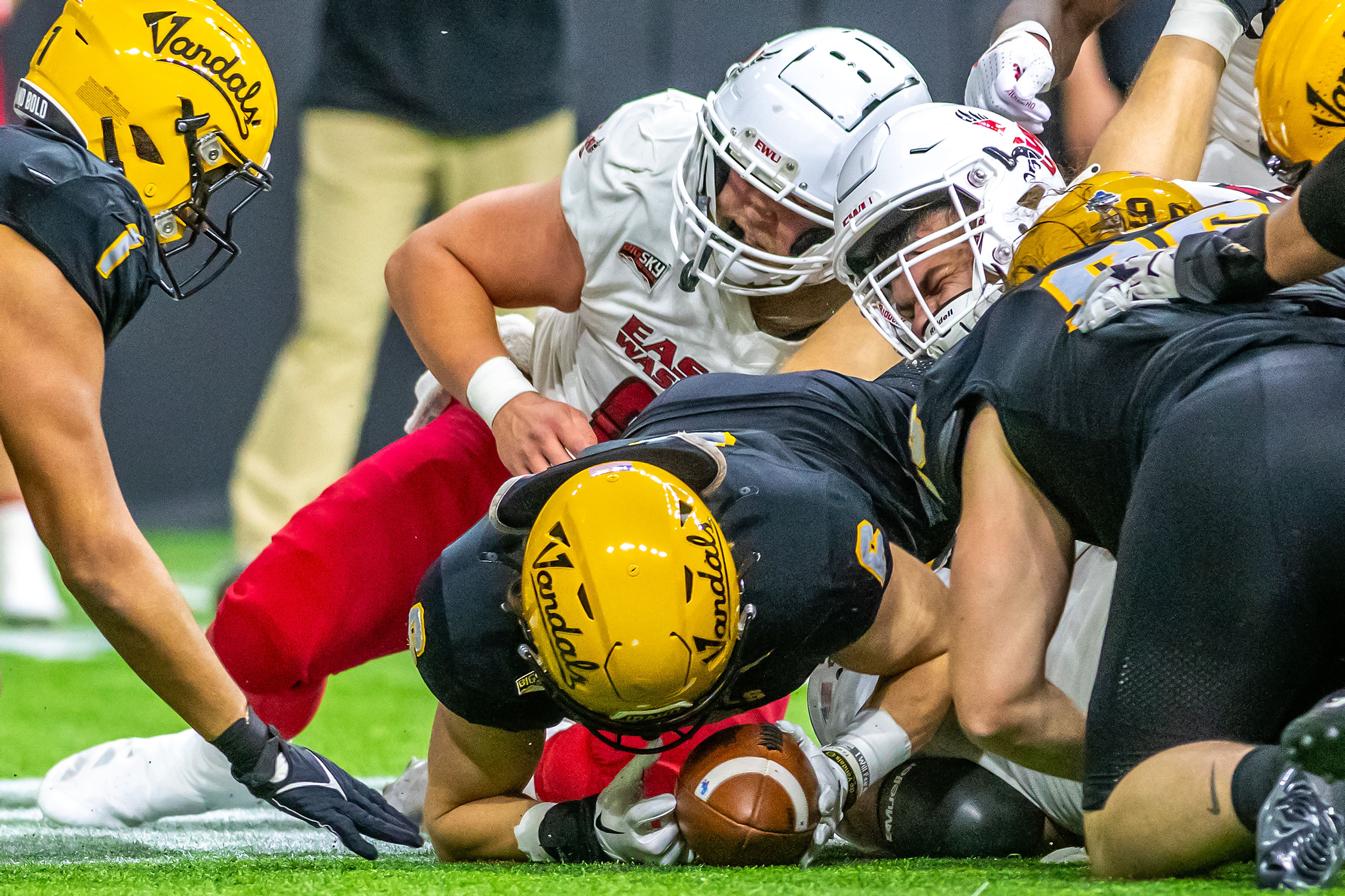 Idaho linebacker Jaxton Eck grabs an Eastern Washington fumble which was then ruled a incomplete catch during a Big Sky game Saturday at the Kibbie Dome in Moscow. ,