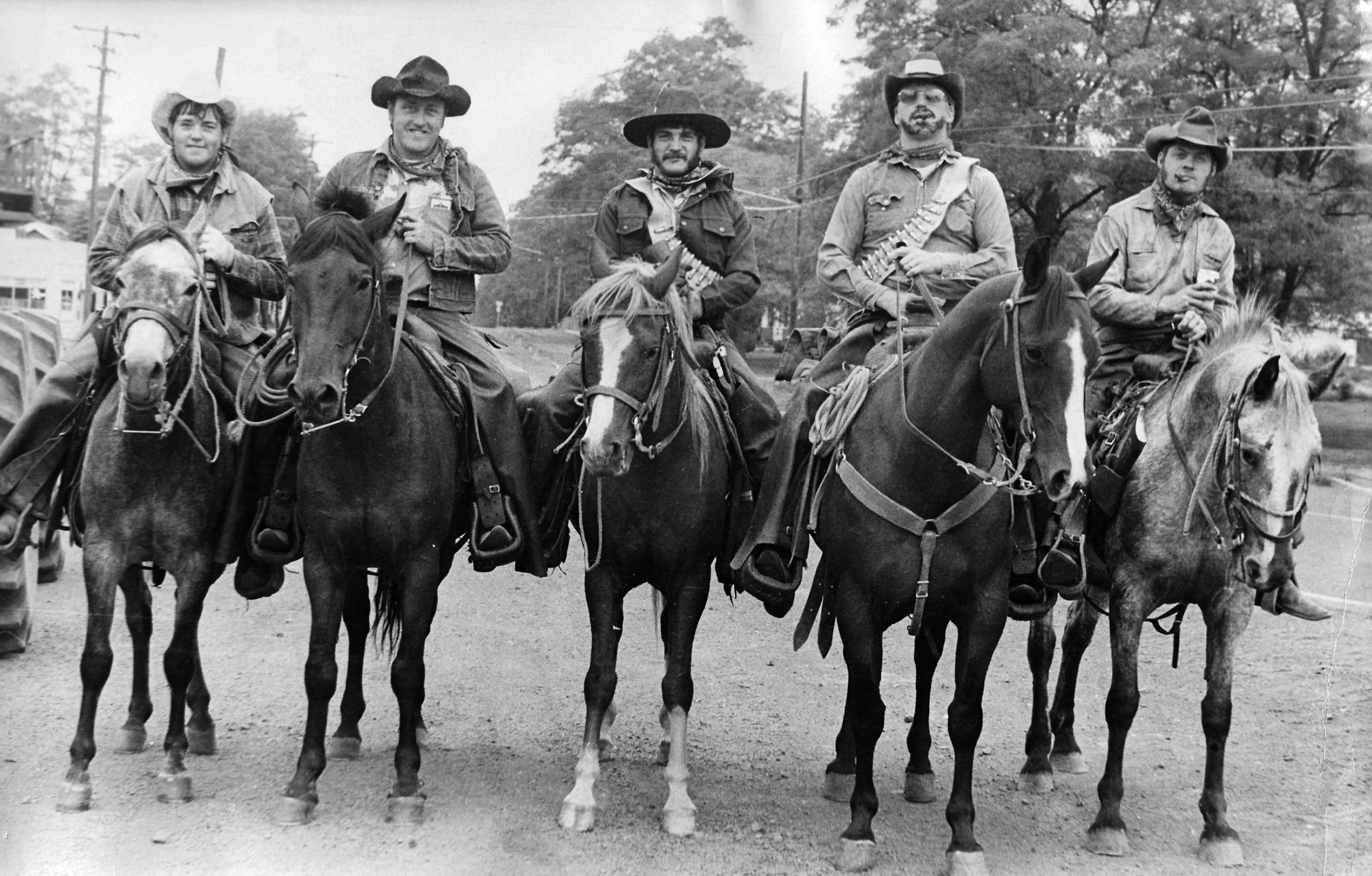 Five "dastardly" members of the Black Scours Gang pose for this photo taken in the late 1970s in Pomeroy. The five men are, from left, Steve Ledgerwood, Larry Scoggin, Ken Brenner, Bob Morse and Gary Cole. The men posed as bad guys and "robbed" a bank downtown during the Garfield County Fair parade. The "loot" the five liberated from the bank was bags of candy, which they then handed out to the children attending the parade, according to Bob Morse, of Lewiston, who submitted this photo. Morse said all the men were riding their own steeds and he reports Ledgerwood, Scoggin and Cole all still live in Pomeroy. Brenner died in 1998. Readers who would like to share their historical photos (20 years or older) from throughout the region may do so by emailing them to blasts@lmtribune.com or submitting them to: Blast from the Past, P.O. Box 957, Lewiston, ID 83501. Questions? Call Jeanne M. DePaul at (208) 848-2221.