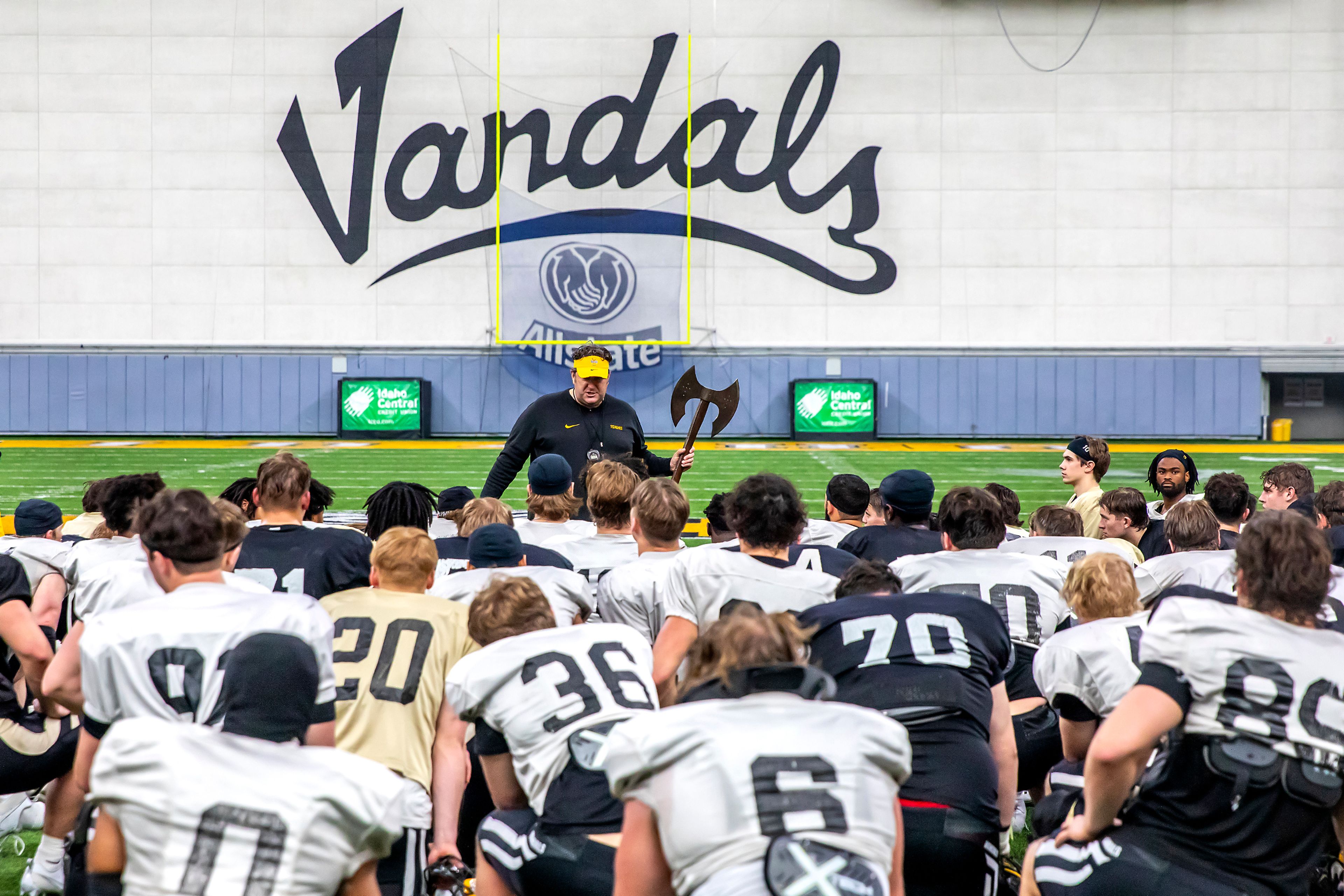 Idaho coach Jason Eck talks to the team after practice Tuesday at the P1FCU Kibbie Dome in Moscow.