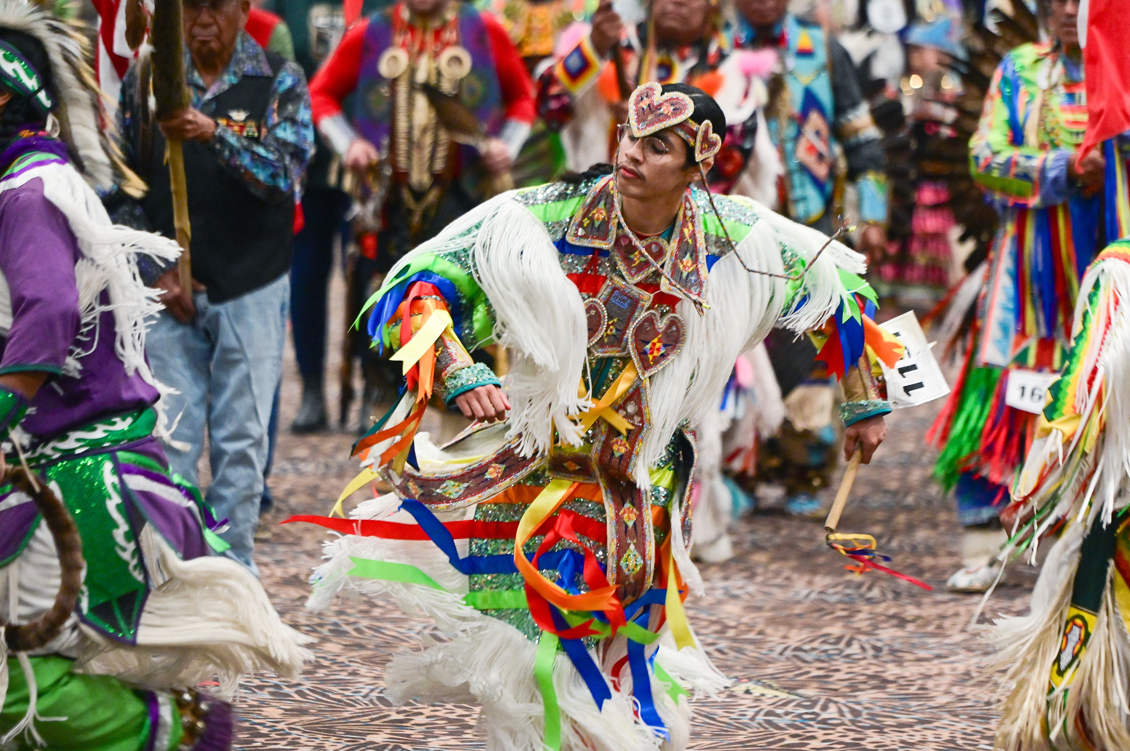 Dancers move to the beat of drums during a Grand Entry as part of the Hiitem'waq'iswit Dance for Life Powwow�s Saturday events at the Clearwater River Casino & Lodge arena in Lewiston last weekend.,