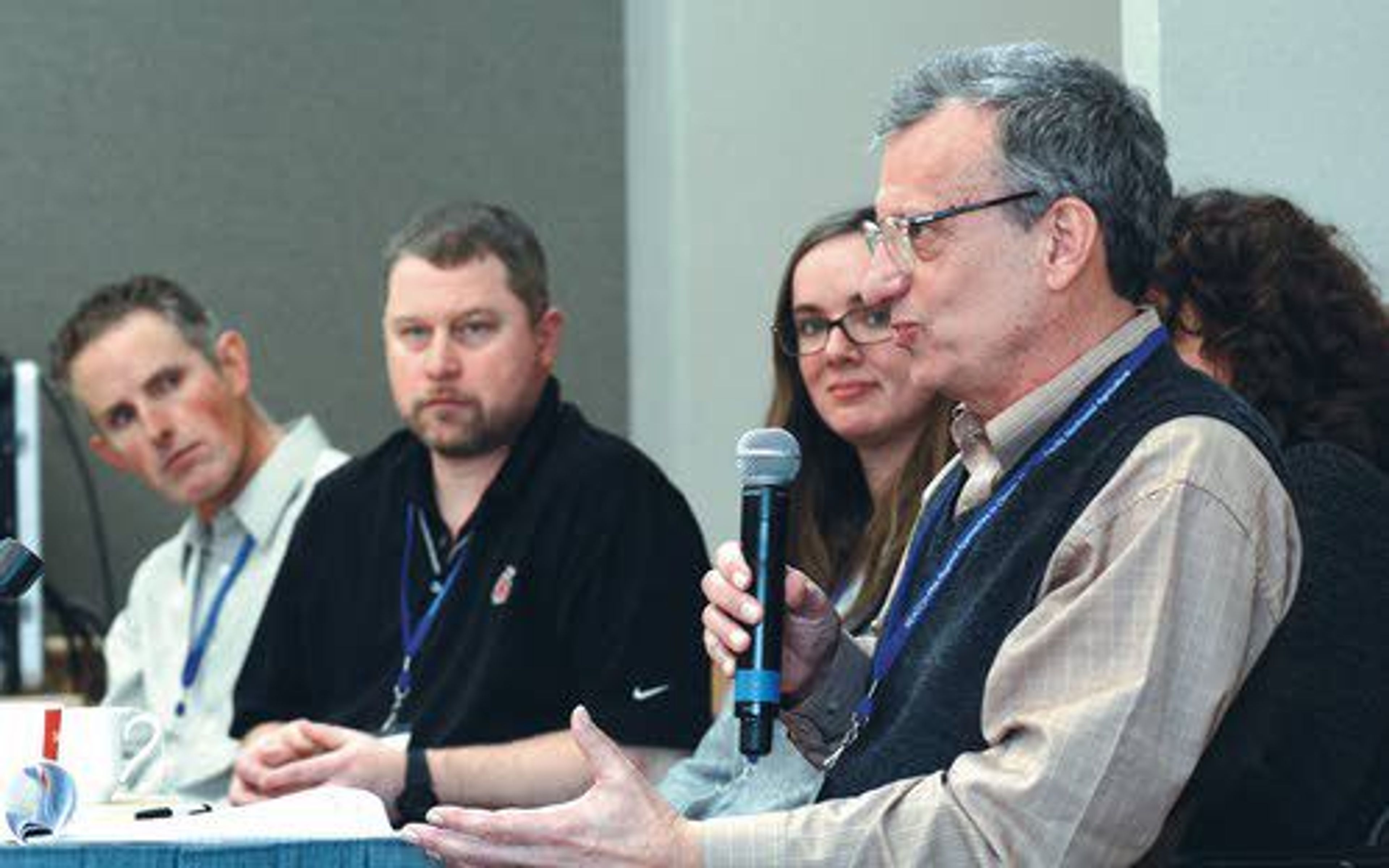 Professor Sanford Eigenbrode of the University of Idaho Department of Plant, Soil and Entomological Sciences speaks during a panel discussion at the Regional Approaches to Climate Change for Pacific Northwest Agriculture program meeting Thursday in Moscow.