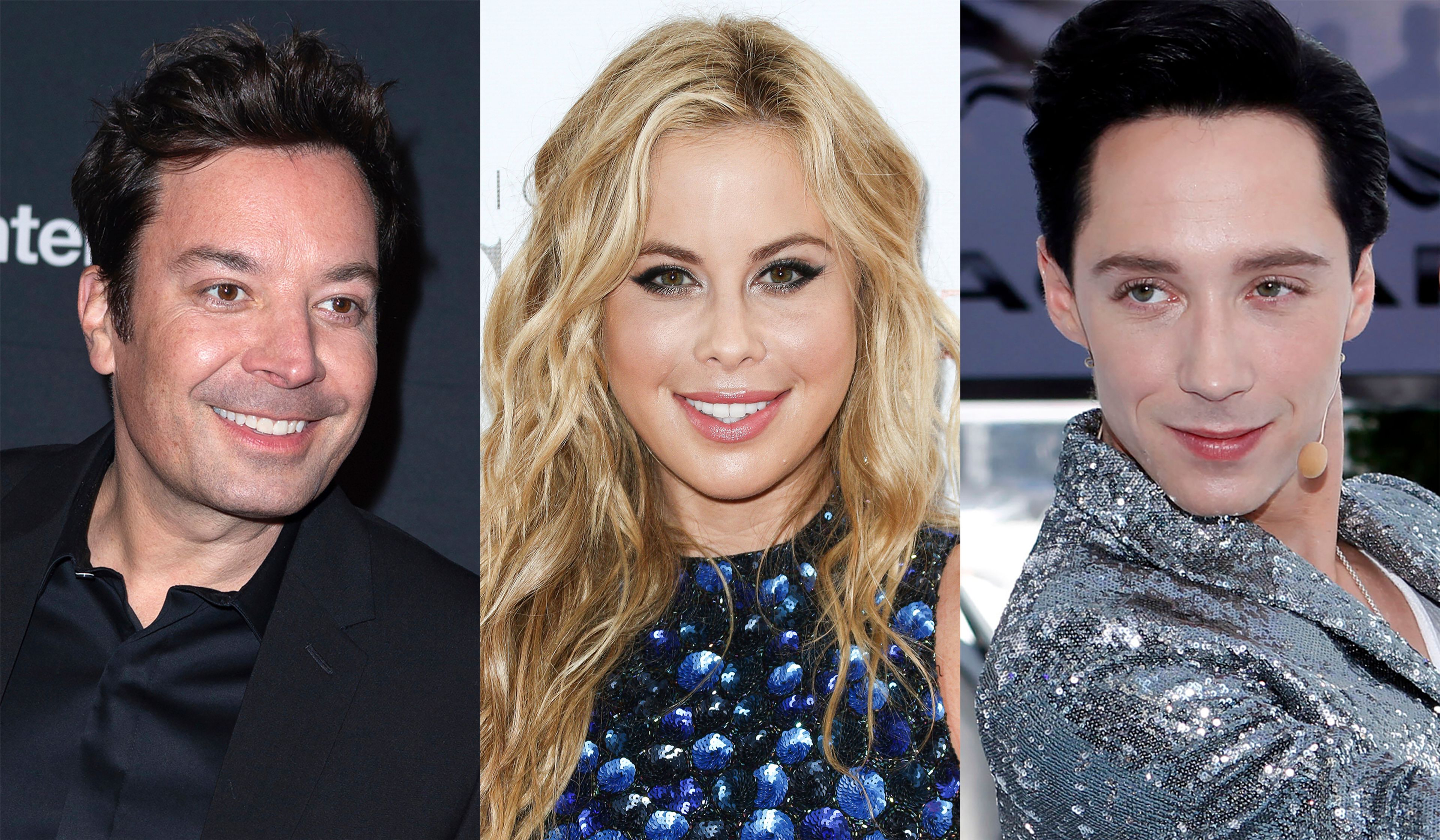 This combination of photos shows Jimmy Fallon in Washington on March 24, 2024, left, Olympic figure skater Tara Lipinski in Los Angeles on Aug. 1, 2015, center, and Olympic figure skater Johnny Weir in New York on Aug. 16, 2012. Fallon, Lipinski and Weir will join sportscaster Mike Tirico for NBC’s closing ceremony coverage.