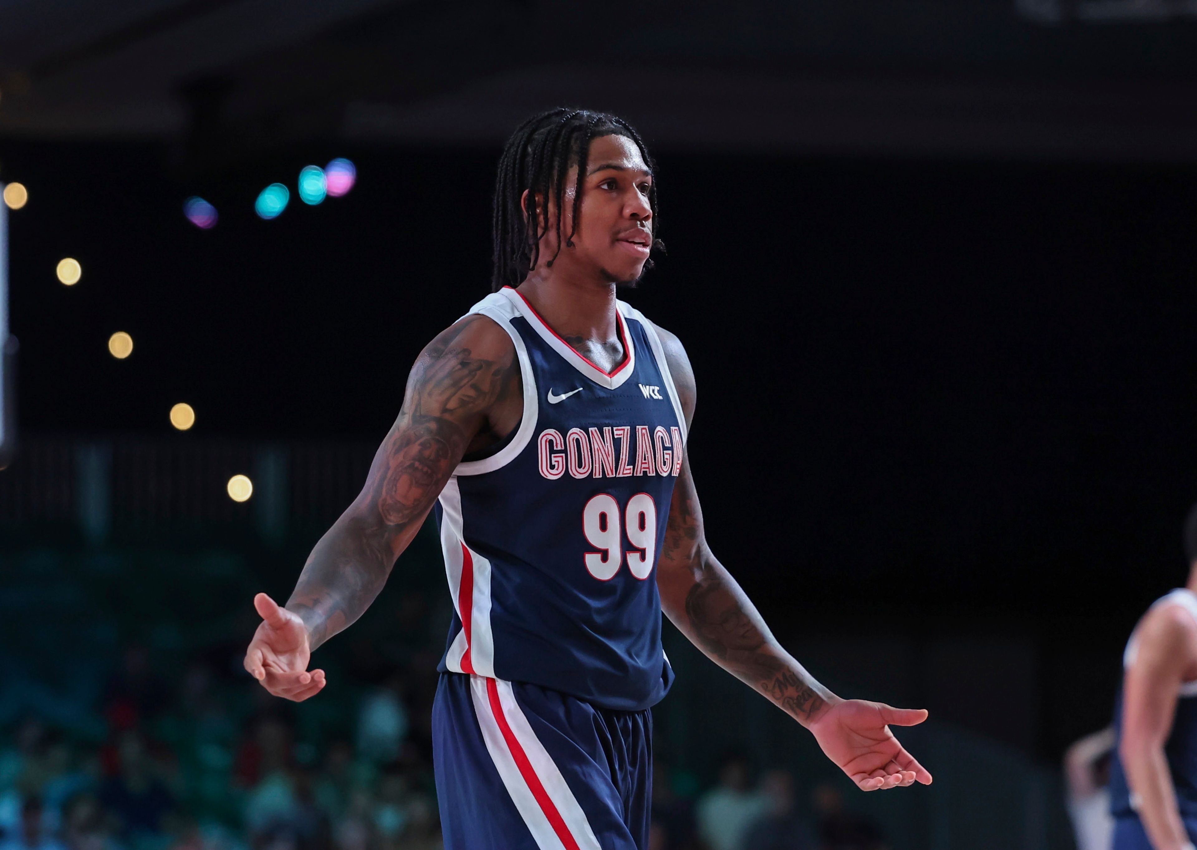 In this photo provided by Bahamas Visual Services, Gonzaga's Khalif Battle reacts during an NCAA college basketball game against Indiana, Thursday, Nov. 28, 2024, in Paradise Island, Bahamas. (Tim Aylen/Bahamas Visual Services via AP)