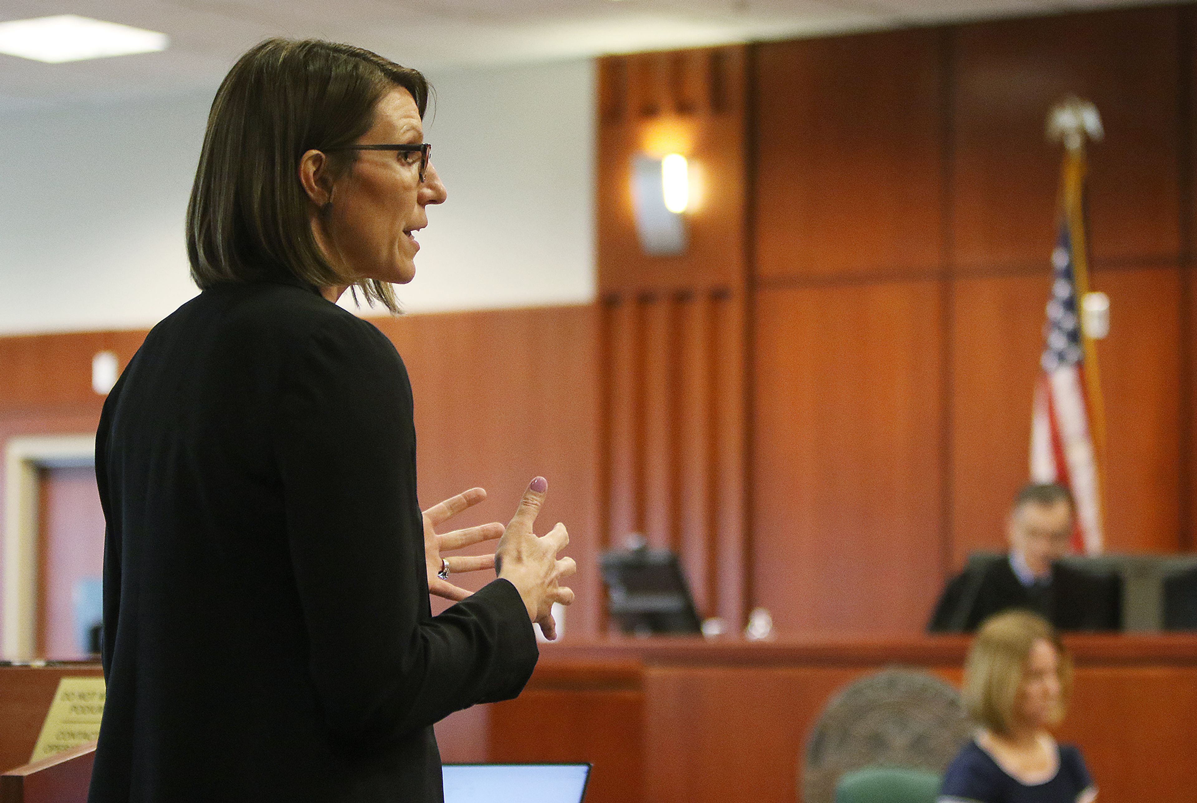 Deputy prosecuting attorney Katelyn Farley delivers the prosecution’s opening statements Tuesday during the rape trial of former Idaho state Rep. Aaron von Ehlinger at the Ada County Courthouse in Boise.