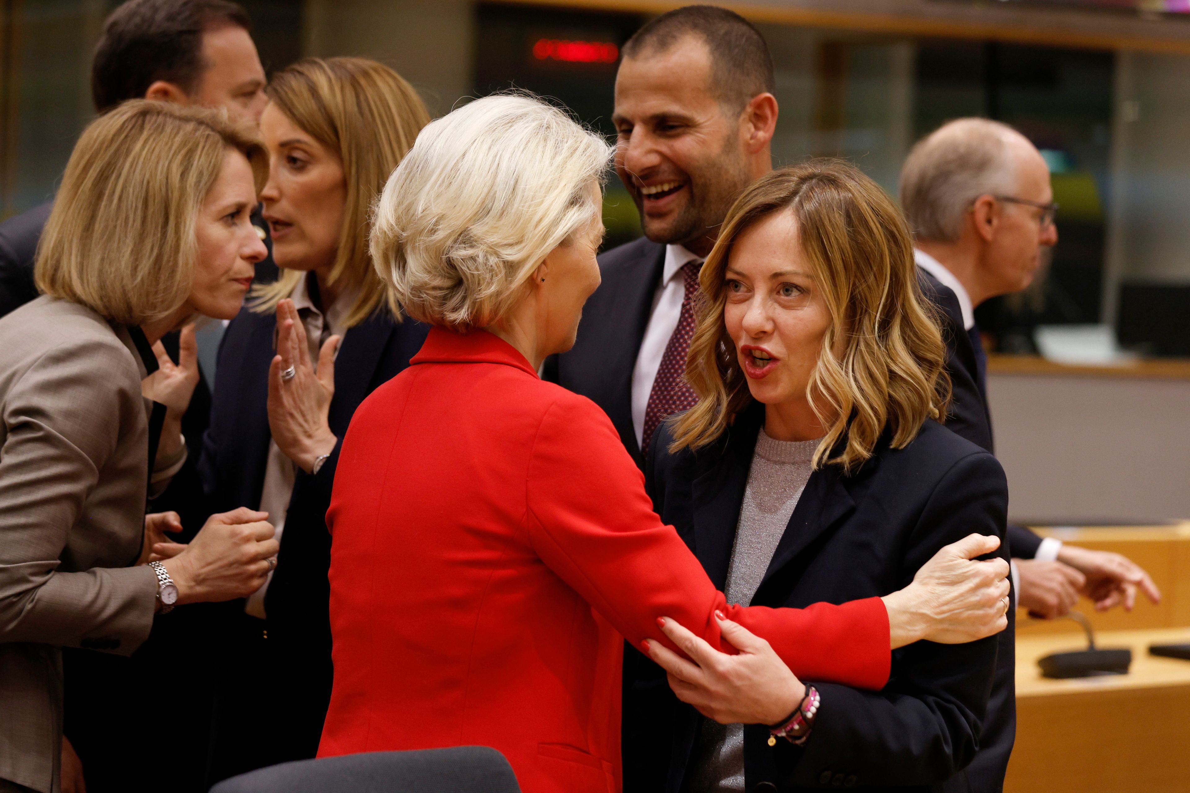 FILE - Italy's Prime Minister Giorgia Meloni, right, speaks with European Commission President Ursula von der Leyen during a round table meeting at an EU summit in Brussels, on April 17, 2024. It seemed like a throwaway line by European Commission President Ursula von der Leyen, yet it encapsulated what is at stake for many in this week's European Union parliamentary elections — What to do with the hard right? And should it be trusted?