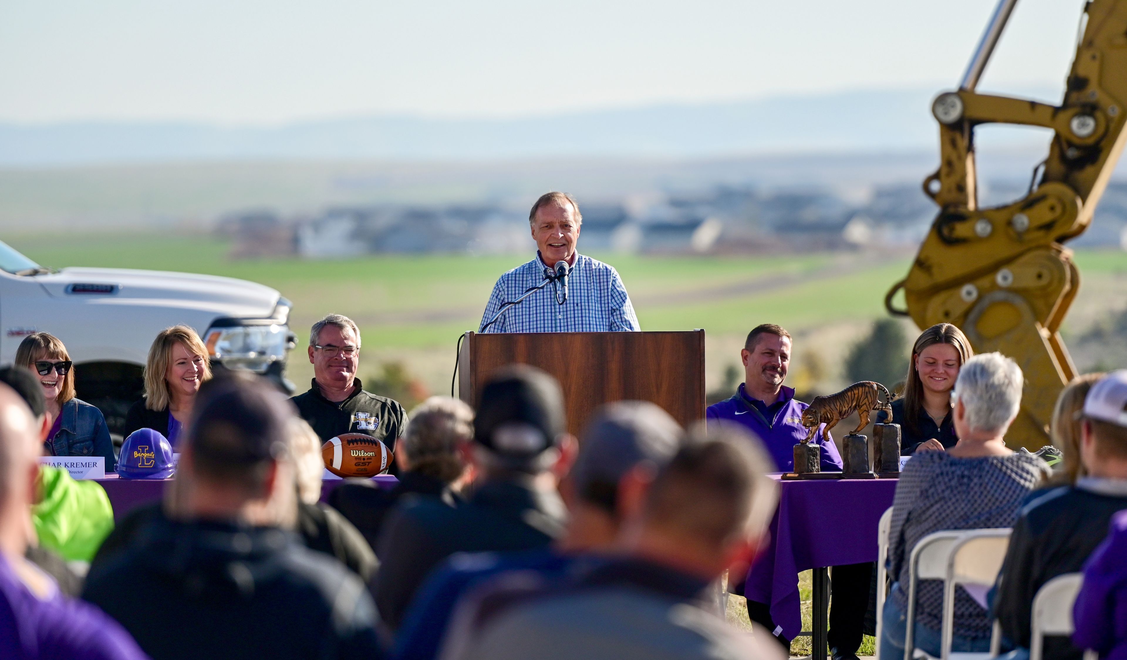 Chris Loseth, president and CEO of Potlatch No. 1 Financial Credit Union, a major donor for the project, speaks at a groundbreaking ceremony for the beginning of Phase II construction on Lewiston High School’s athletic venues on Saturday.