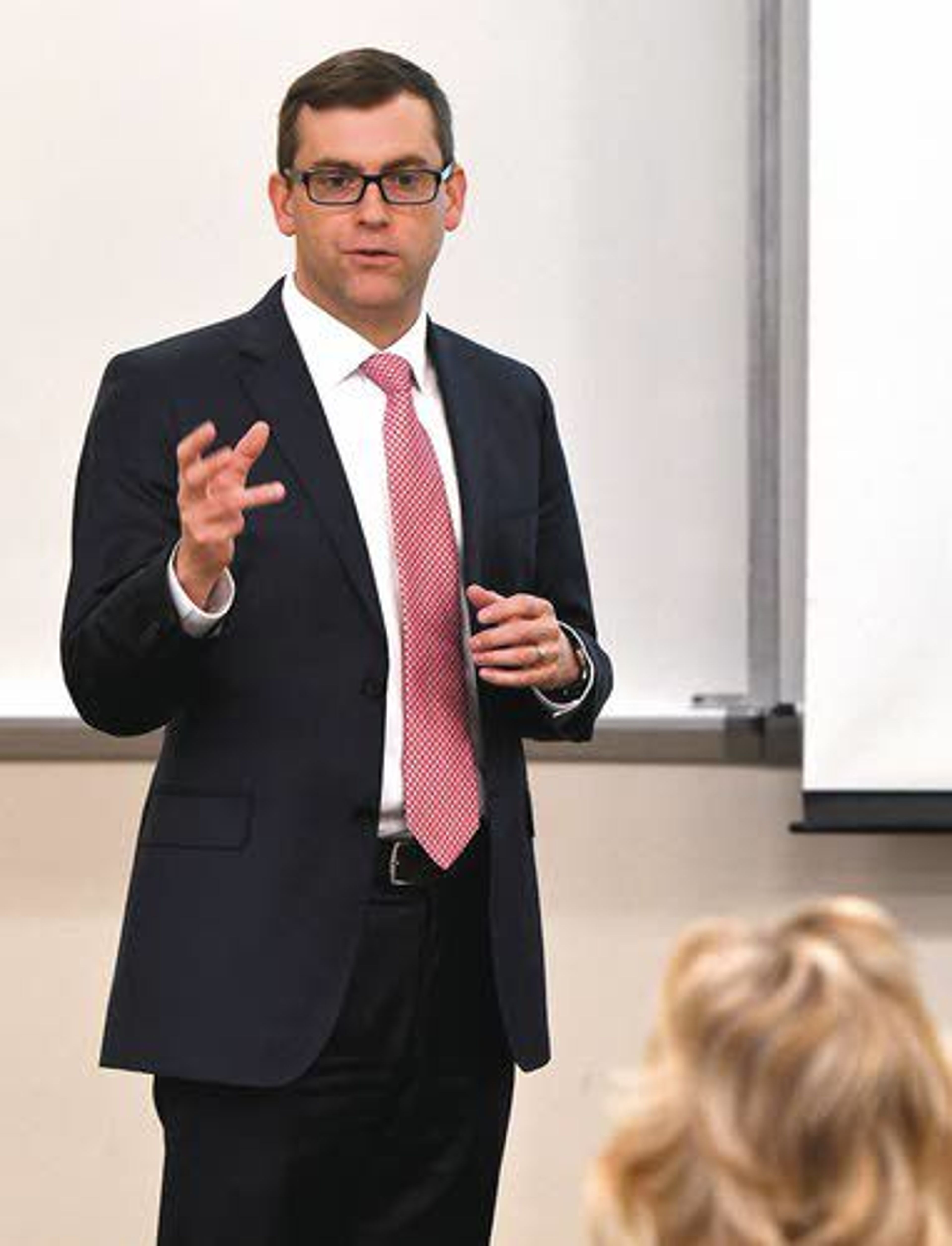 Brock Tessman, a finalist for the position of president of Lewis-Clark State College, addresses students during an afternoon forum Tuesday.